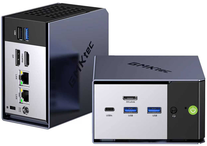 Két GMKtec mini PC különböző portokkal, USB-csatlakozásokkal és világító bekapcsológombbal fehér háttér előtt.