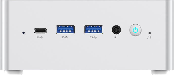 Egy ezüstszínű mini PC elölnézete portokkal és bekapcsológombbal.