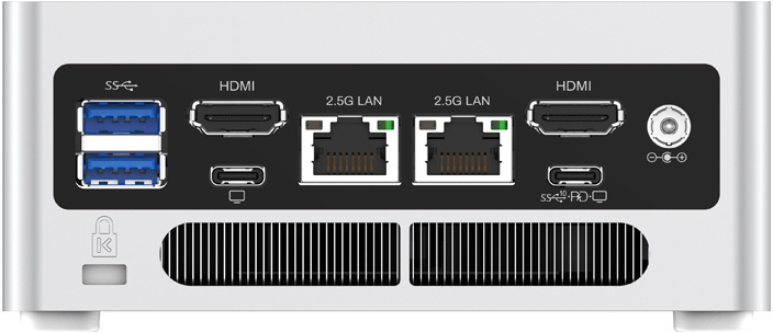 Egy mini PC hátlapja USB, HDMI, LAN portokkal és szellőzőnyílásokkal.