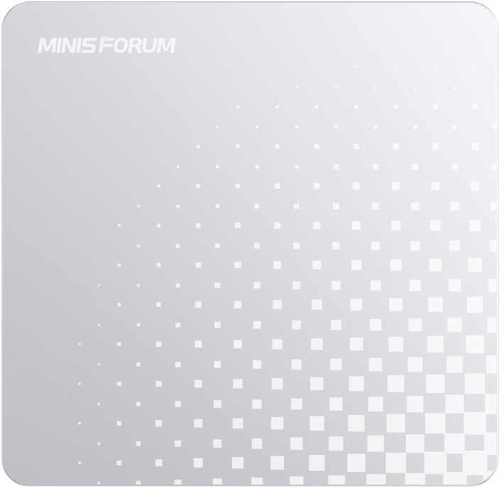 Fehér felület MINIS FORUM felirattal és csökkenő négyzetek mintájával.