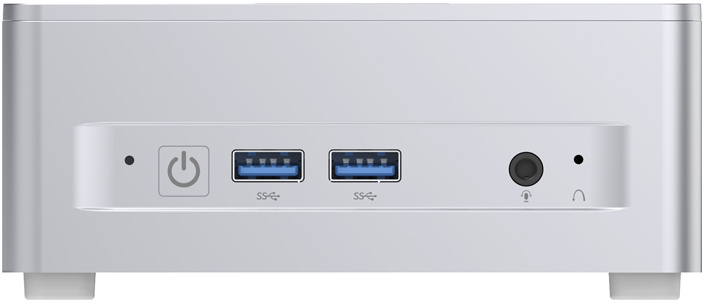 Egy ezüstszínű mini PC elölnézete bekapcsológombbal, két USB-porttal és audiócsatlakozókkal.