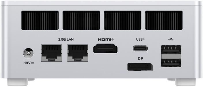 Egy ezüst mini PC hátoldala táp-, LAN, HDMI, USB-C, DP és USB csatlakozókkal.
