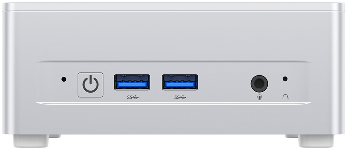 Egy ezüstszínű mini PC elölnézete bekapcsológombbal, két kék USB-porttal és audiócsatlakozókkal.