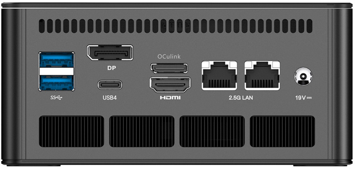 Mini PC hátlapja USB, DP, HDMI, LAN és tápcsatlakozókkal, valamint szellőzőnyílásokkal.