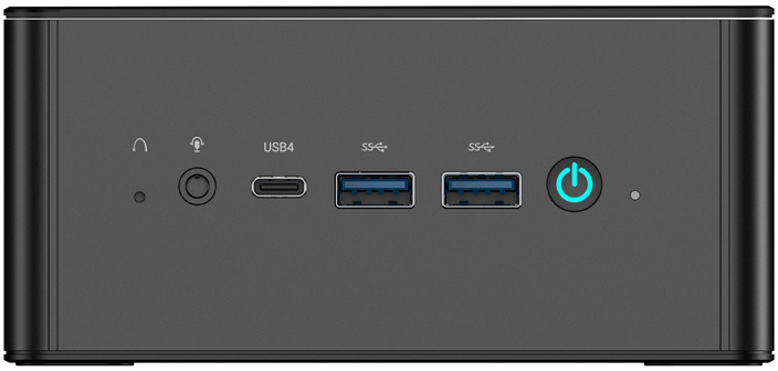 Fekete mini PC előlapja audió csatlakozókkal, USB-C-vel, USB portokkal és megvilágított bekapcsológombbal.