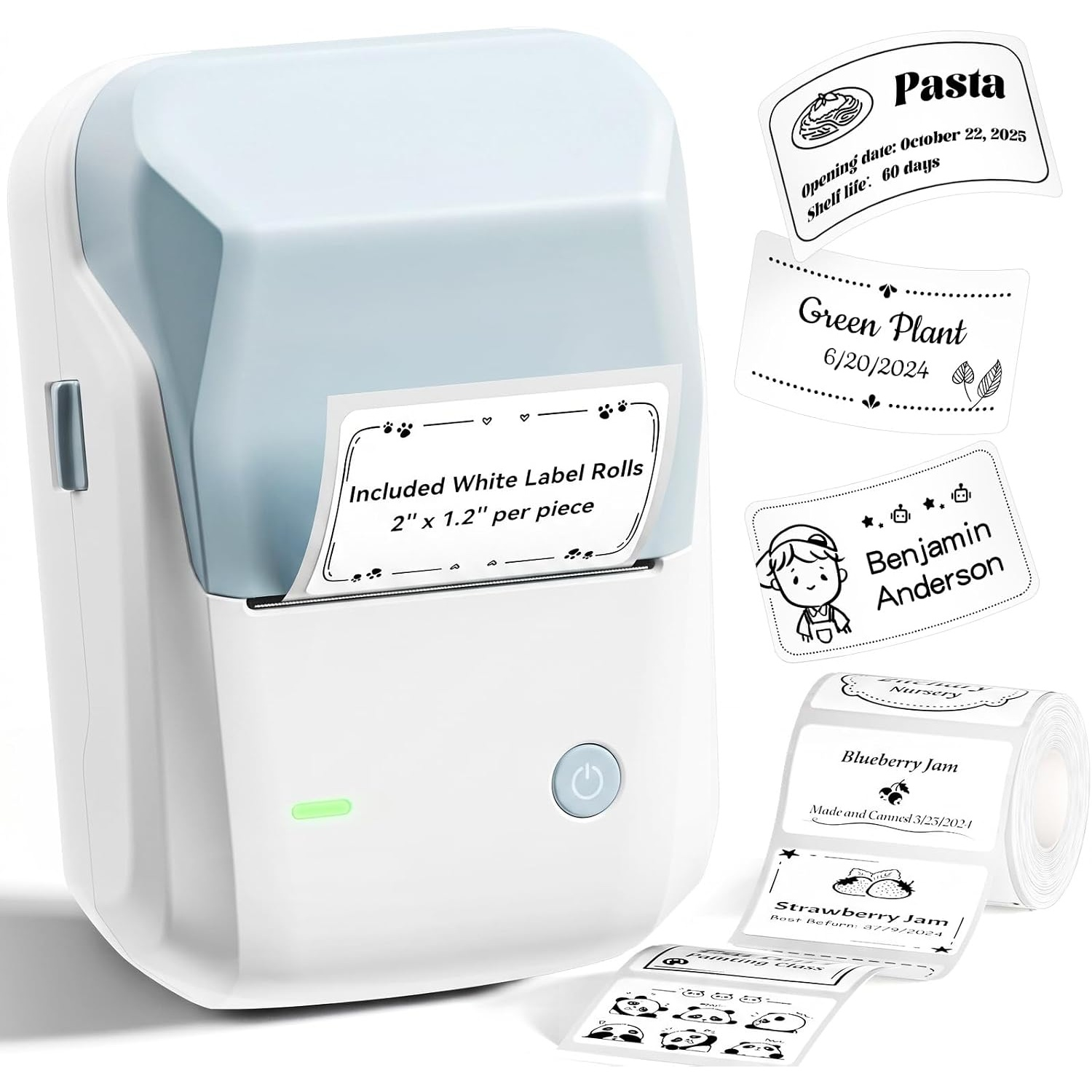 Een compacte witte en lichtblauwe labelprinter met gedrukte voorbeeldlabels eromheen.