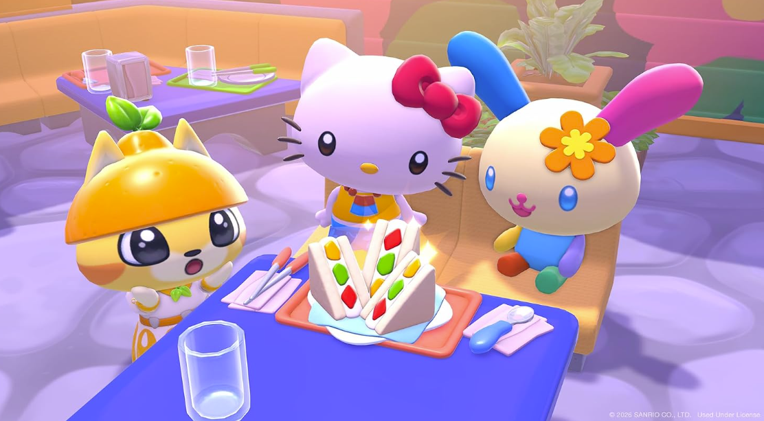 Hello Kitty und zwei Freunde sitzen an einem blauen Tisch in einem hellen Raum mit bunten Sandwiches.