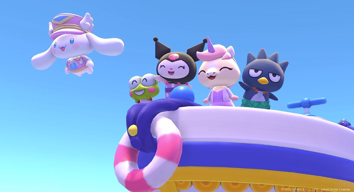 Sanrio-Charaktere stehen auf einem Boot vor blauem Himmel, während Cinnamoroll in der Luft fliegt.