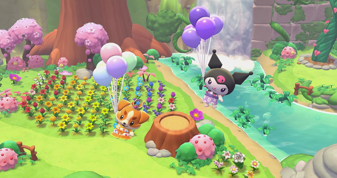 Karottenhund mit Luftballons und Kuromi stehen an einem Fluss mit bunten Blumen und Bäumen.
