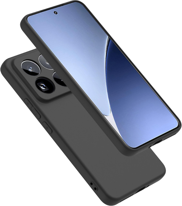 Fekete okostelefon védőtokban, két szögből bemutatva fekete háttéren.