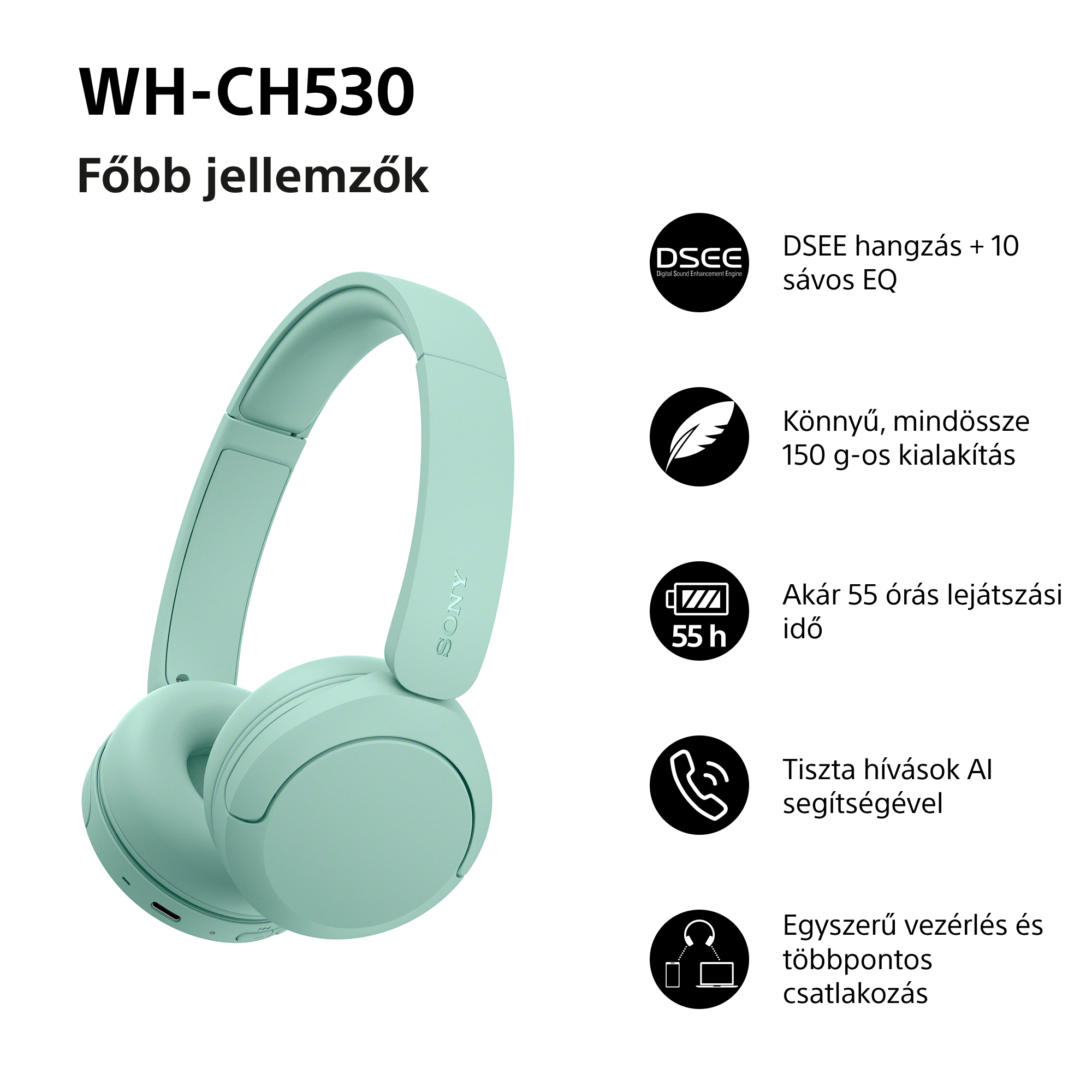 Zöld Sony WH-CH530 fejhallgató kulcsfontosságú jellemzőkkel fehér háttéren.