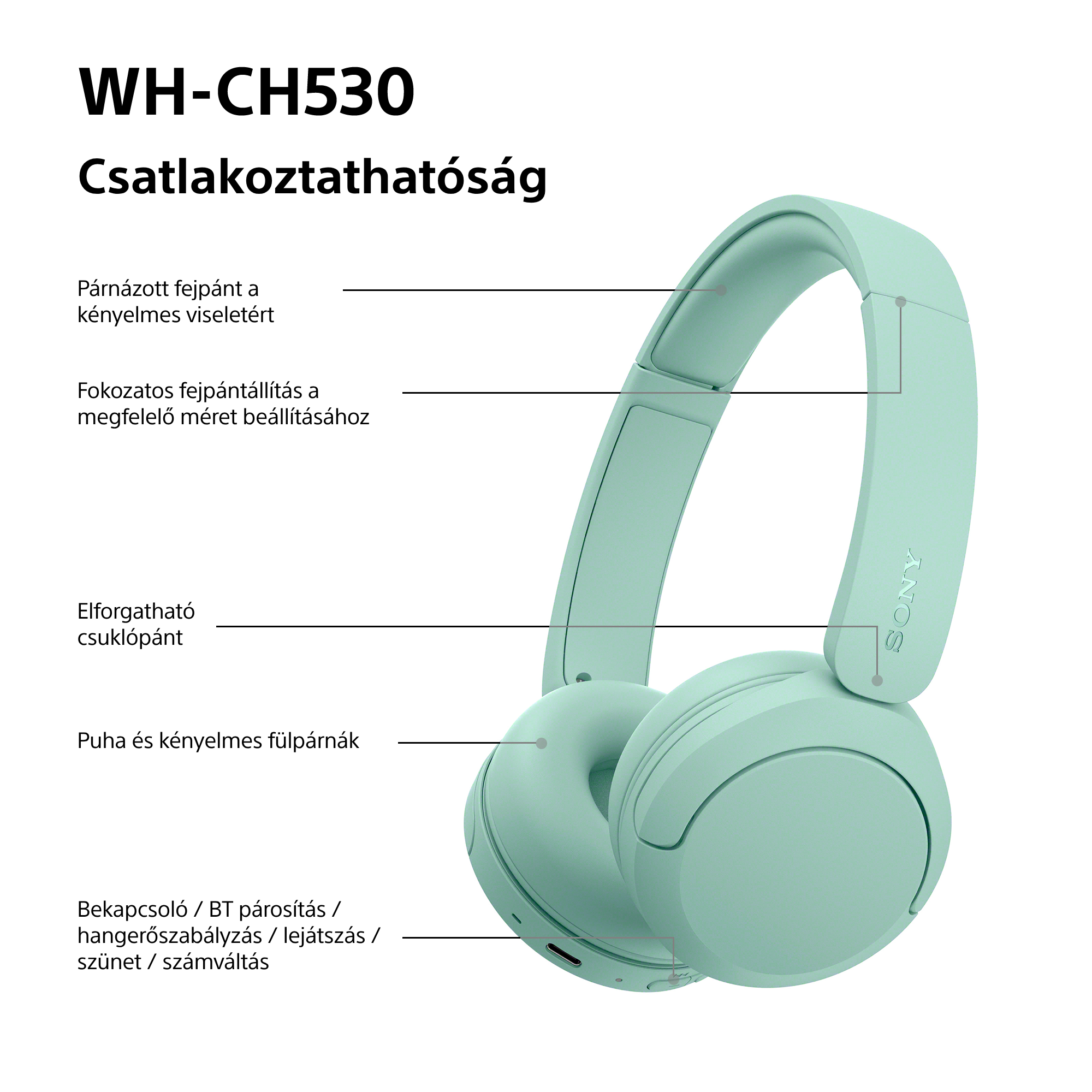 Világos zöld vezeték nélküli fejhallgató feliratozott funkciókkal fehér háttéren.