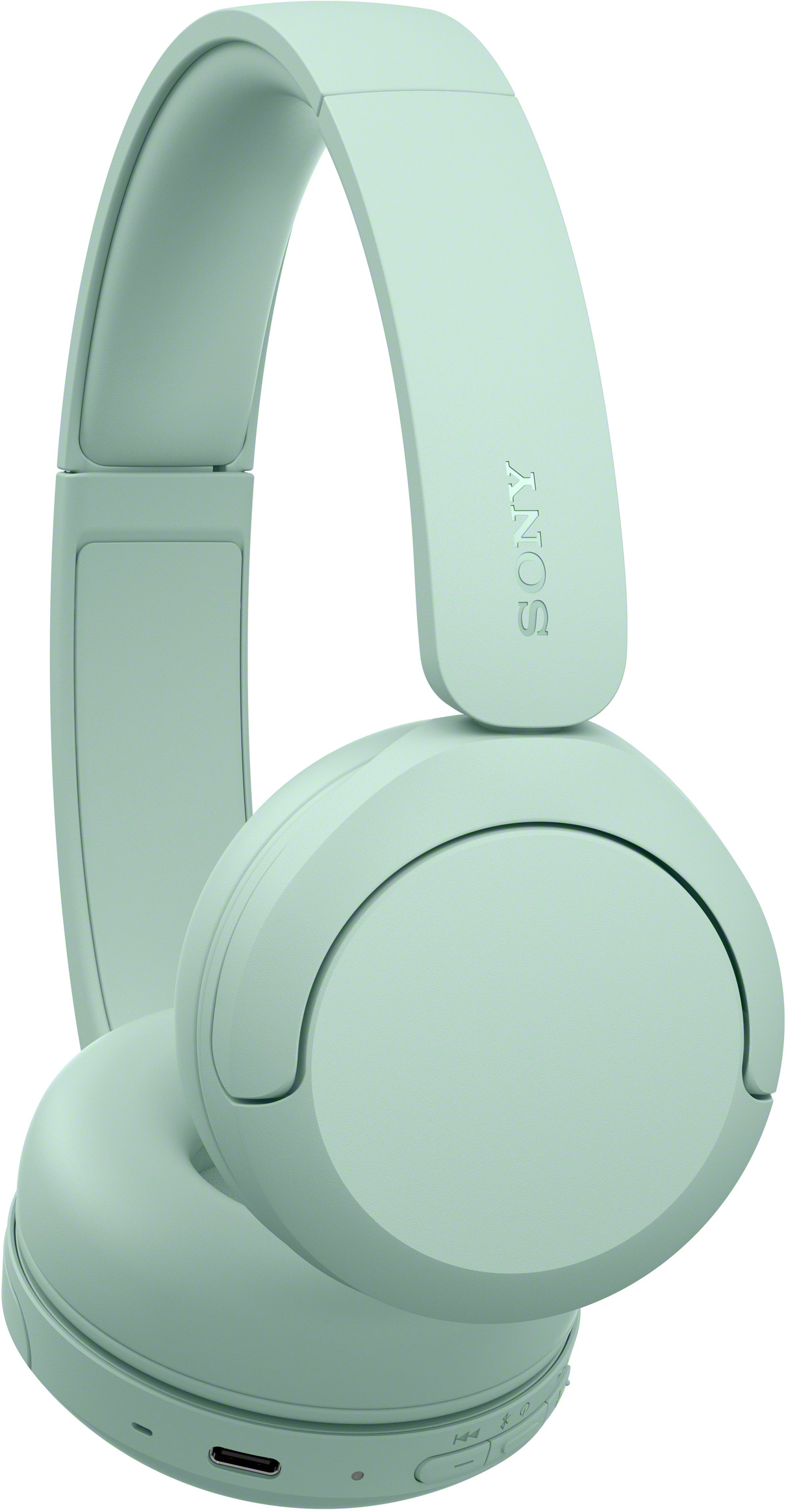 Világos zöld Sony fülhallgató USB-C porttal fehér háttér előtt.