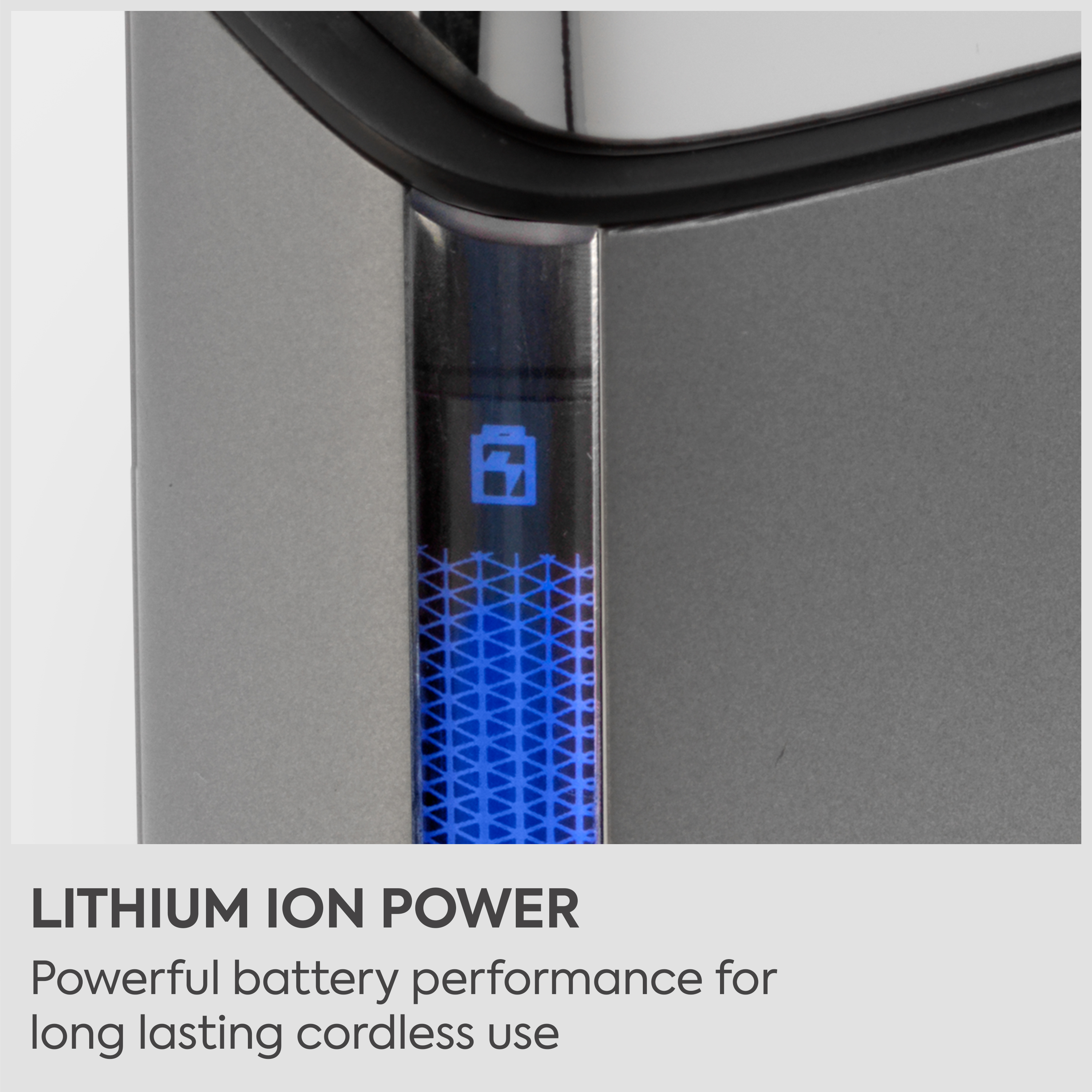 Dispositivo grigio con indicatore di batteria blu luminoso e scritta Lithium Ion Power.