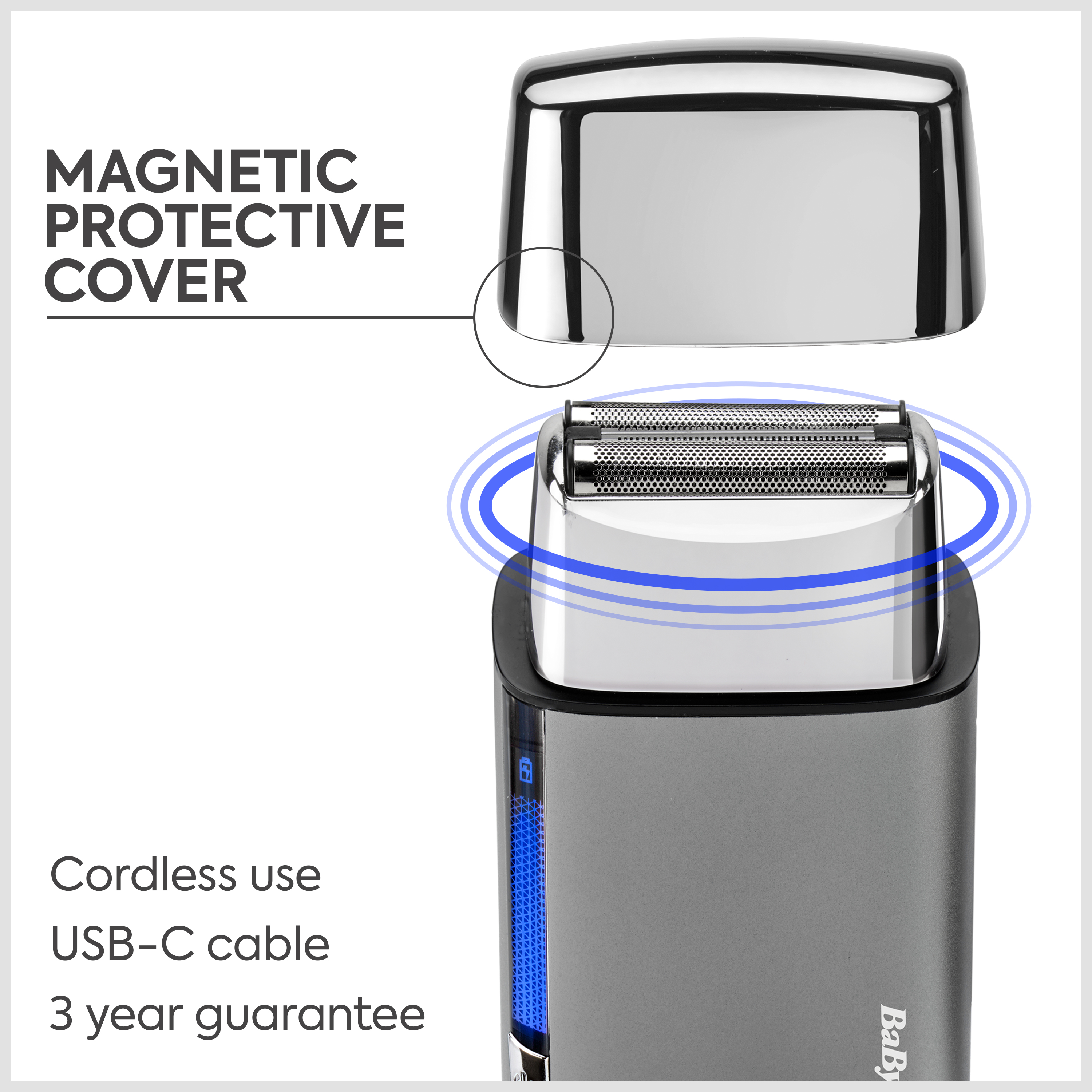 Rasoio elettrico con copertura protettiva magnetica, uso senza fili, cavo USB-C e 3 anni di garanzia.