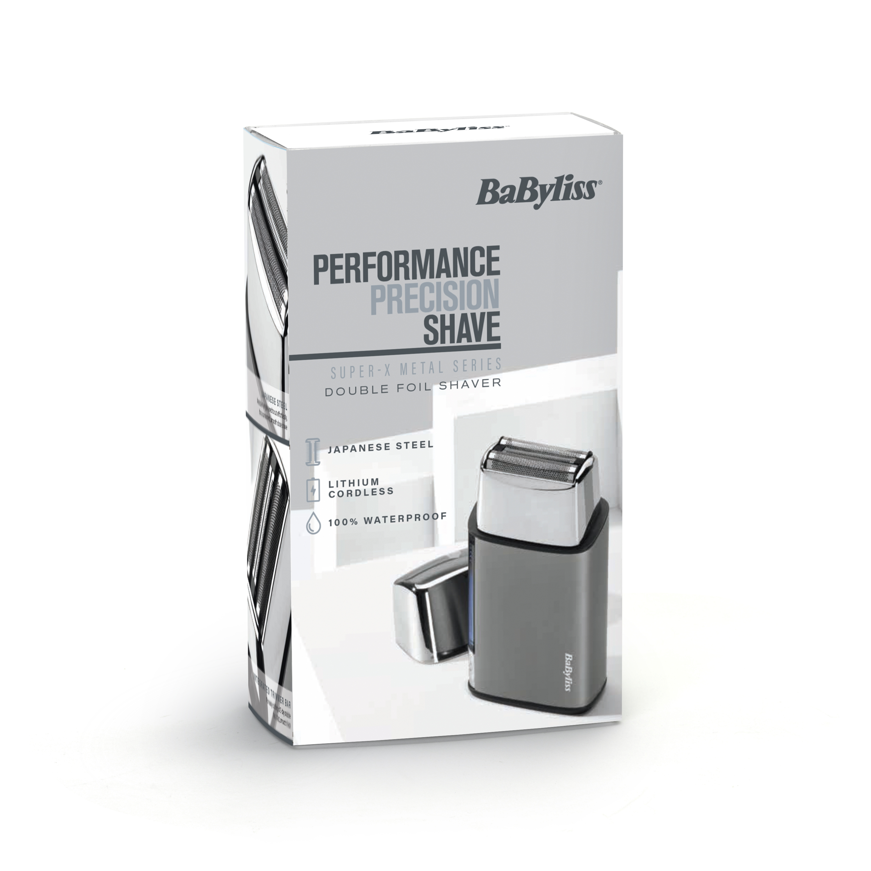 Scatola rasoio a doppia lamina BaByliss con il rasoio argentato e le caratteristiche su sfondo bianco.