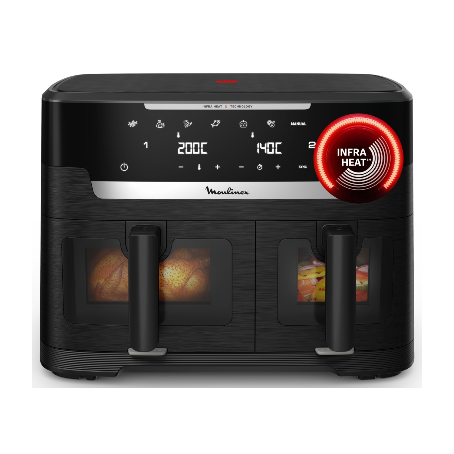 Friggitrice ad aria a doppia zona Moulinex nera con pannello di controllo digitale.