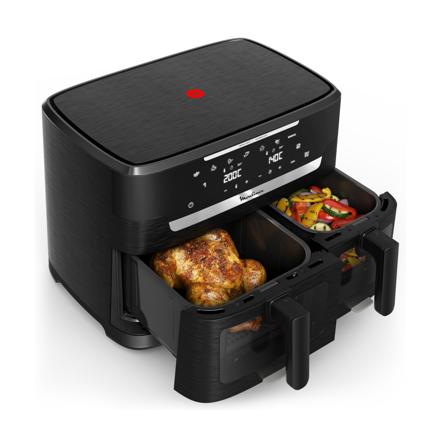Friggitrice ad aria nera a doppio cassetto con un pollo intero e verdure.