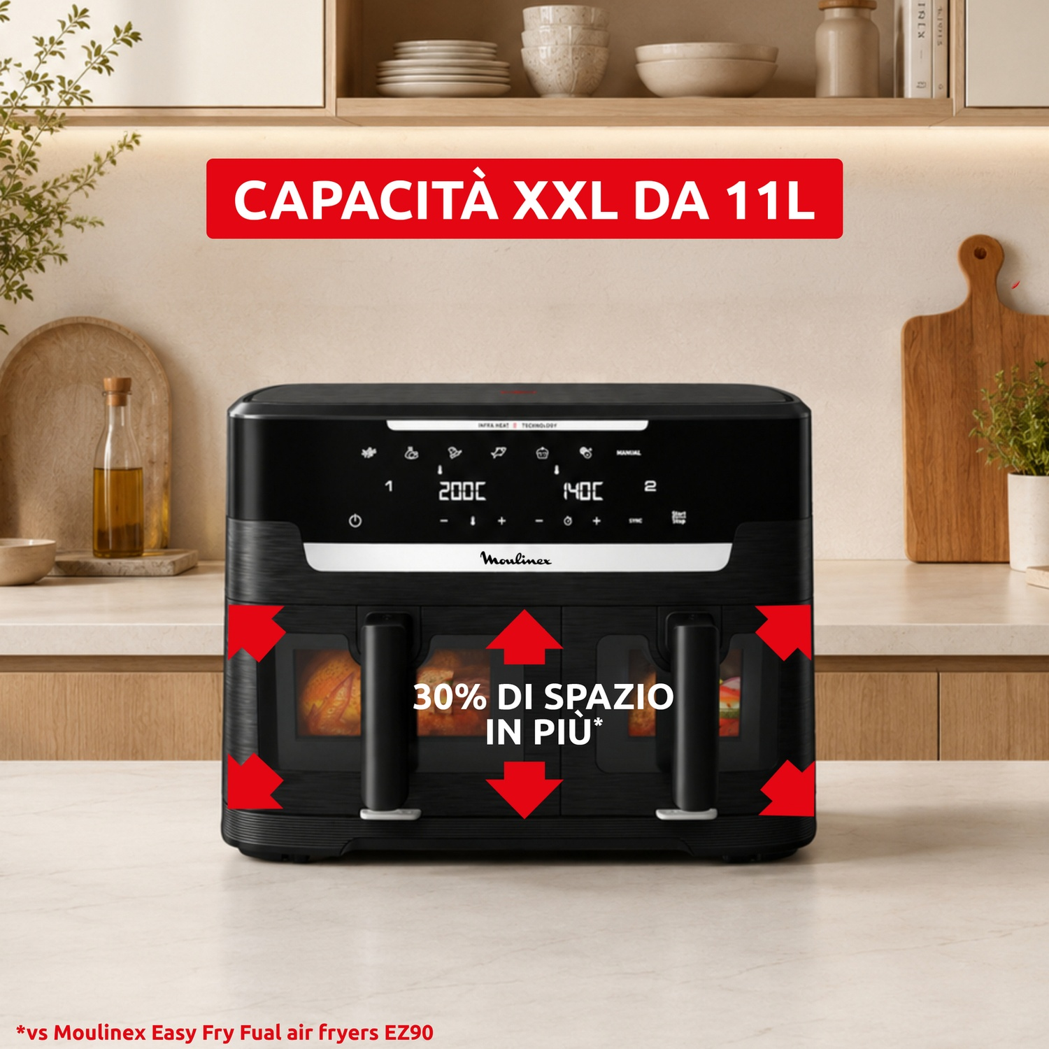 Una friggitrice ad aria nera a doppia zona Moulinex su un piano da cucina.