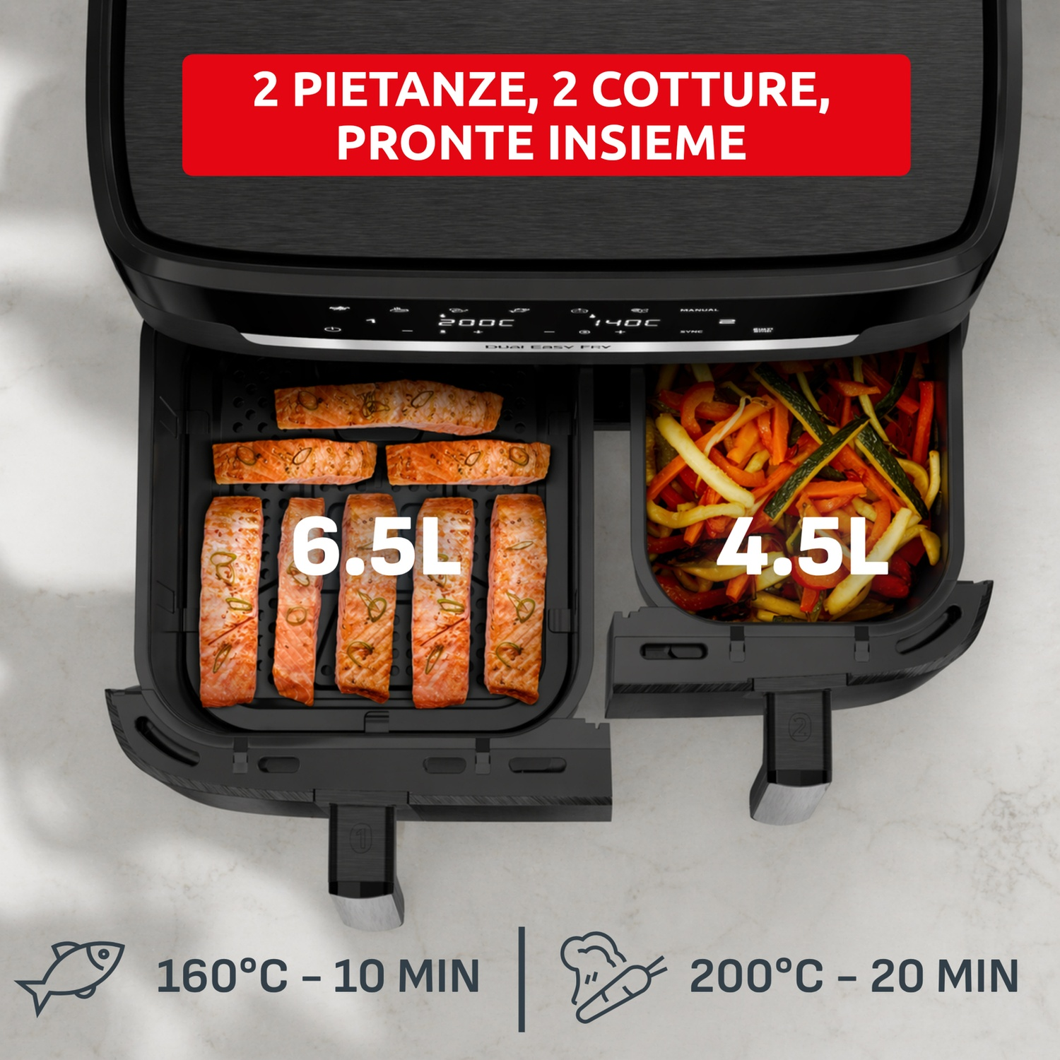 Friggitrice ad aria doppia con salmone e verdure nei cassetti da 6,5L e 4,5L.