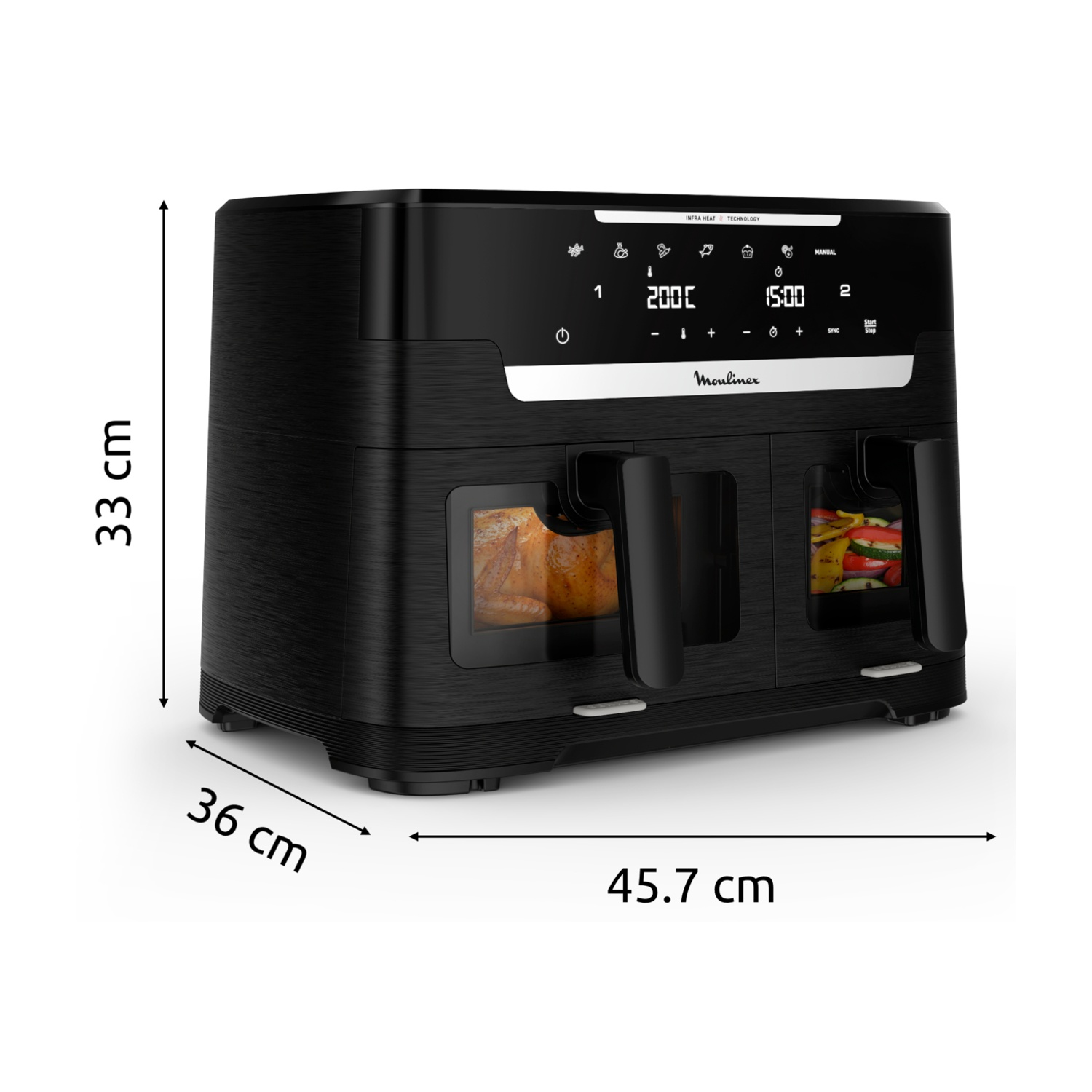 Friggitrice ad aria nera Moulinex a doppio cestello con display digitale e misure in cm.