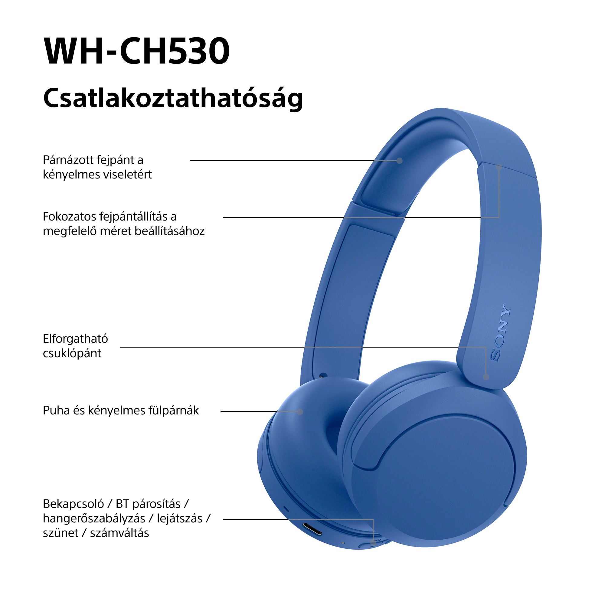 Kék Sony fejhallgató magyar feliratokkal a kényelemről, méretállításról, elforgatható pántról és gombokról.