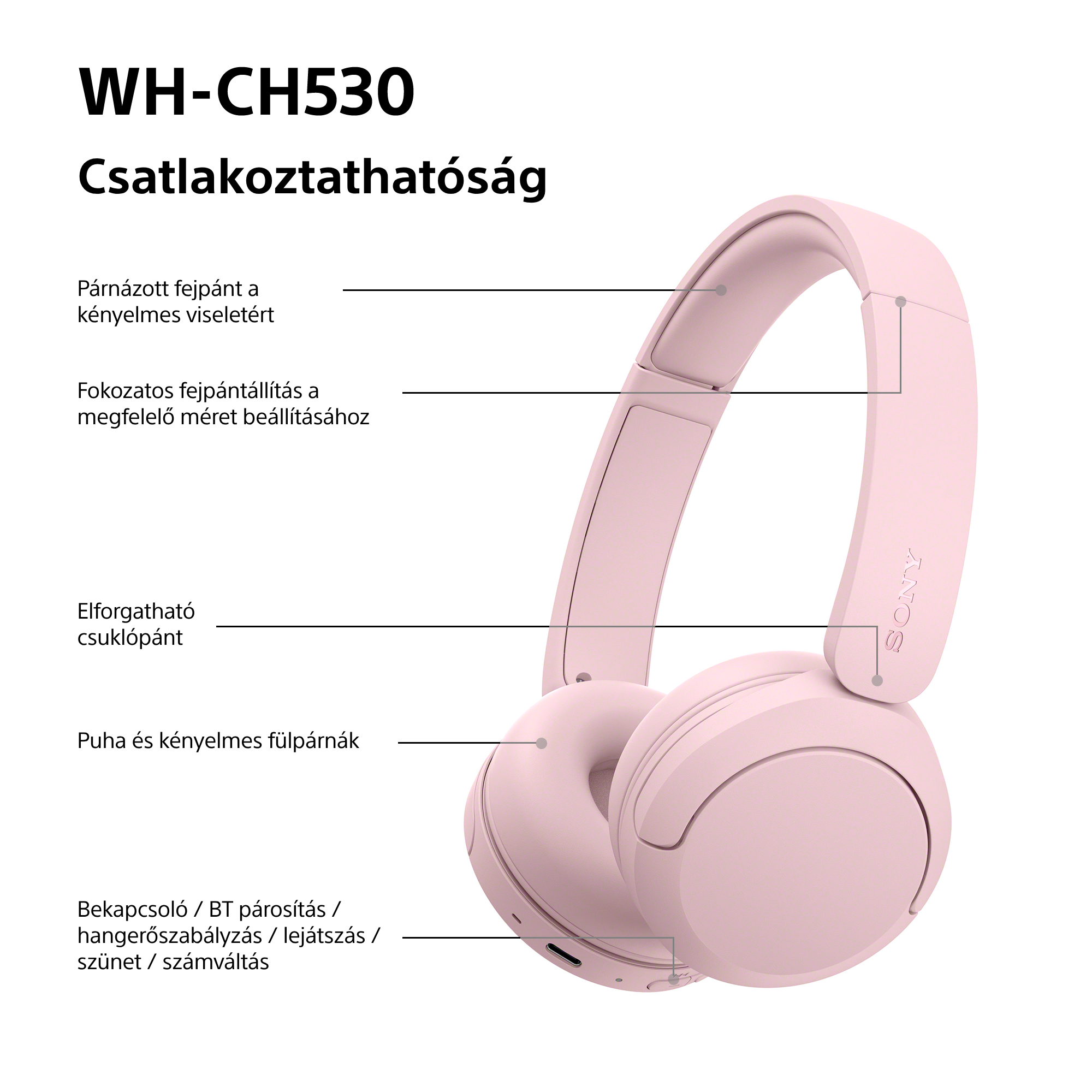 Rózsaszín Sony WH-CH530 fejhallgató funkcionális feliratokkal.