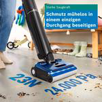Blauer Staubsauger reinigt einen Boden, mit Text und Symbolen für Saugkraft.