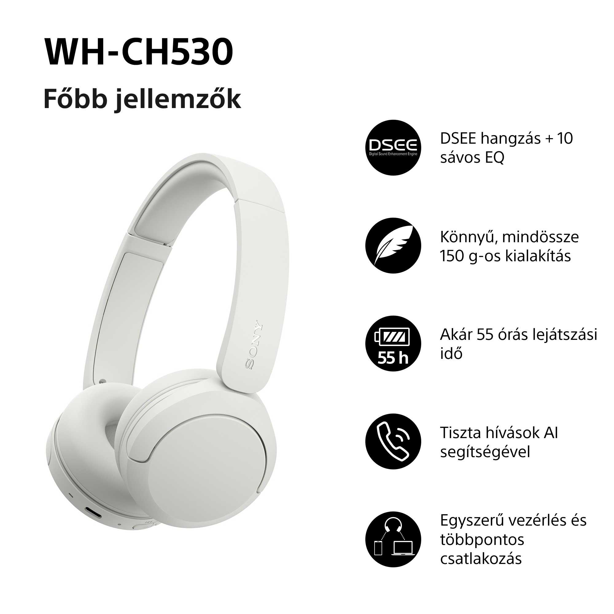 Fehér Sony WH-CH530 vezeték nélküli fejhallgató funkcióikonokkal fehér alapon.
