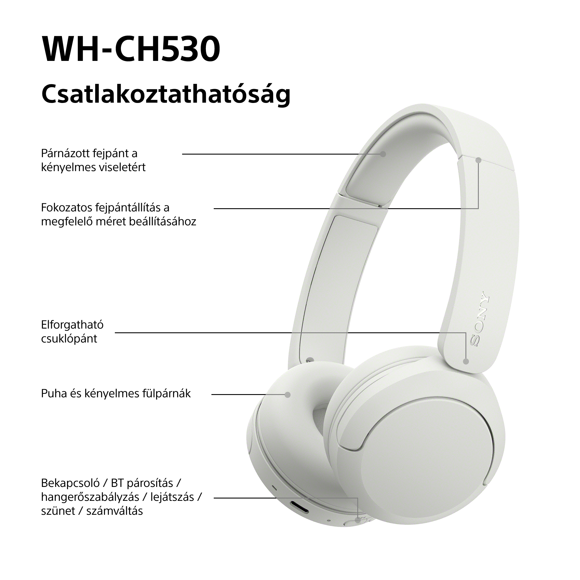 A WH-CH530 fejhallgató ábrája párnázattal, állítható pánttal, fülpárnákkal és vezérlőgombokkal.