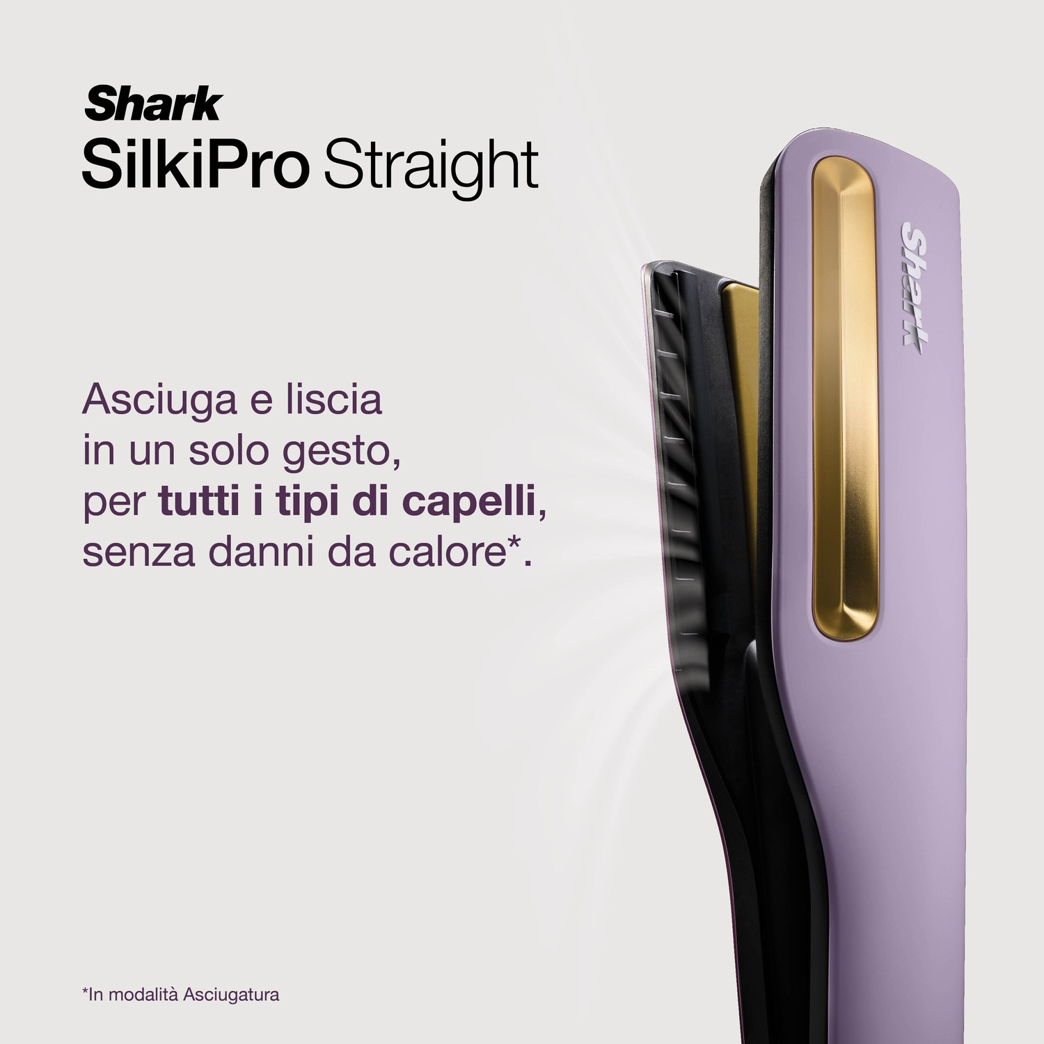 Piastra per capelli Shark SilkiPro Straight viola e oro con testo a sinistra su sfondo chiaro.