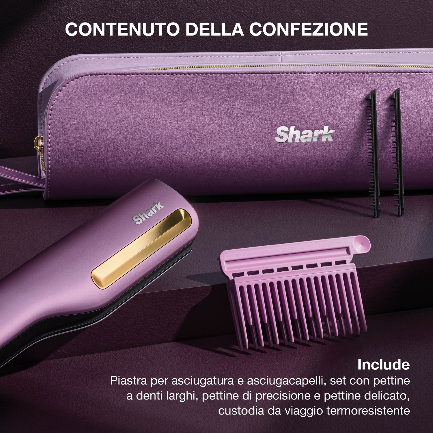 Un set per capelli Shark viola con custodia, piastra e vari pettini su sfondo scuro.