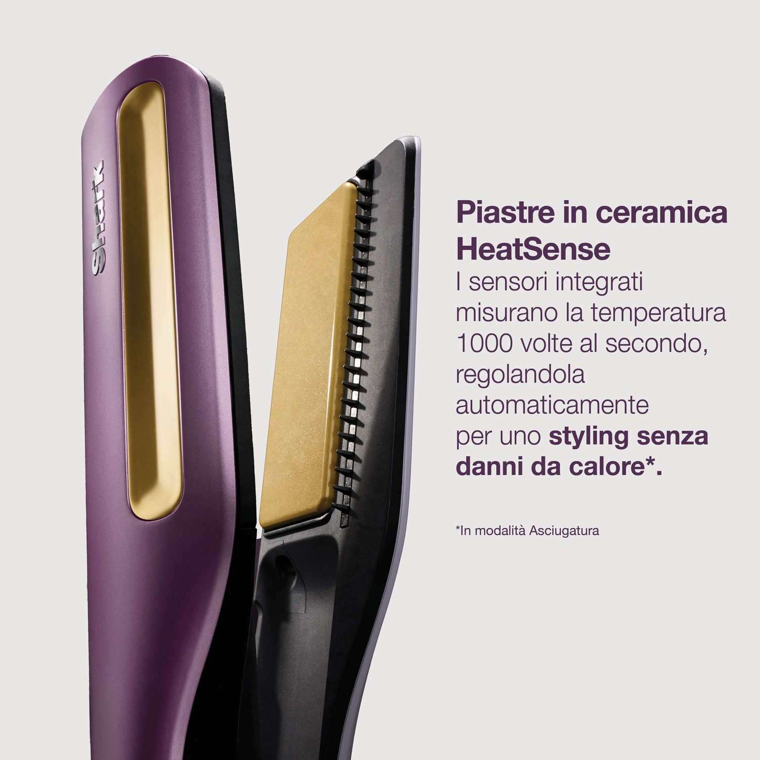 Piastra per capelli viola con piastra in ceramica dorata e testo.