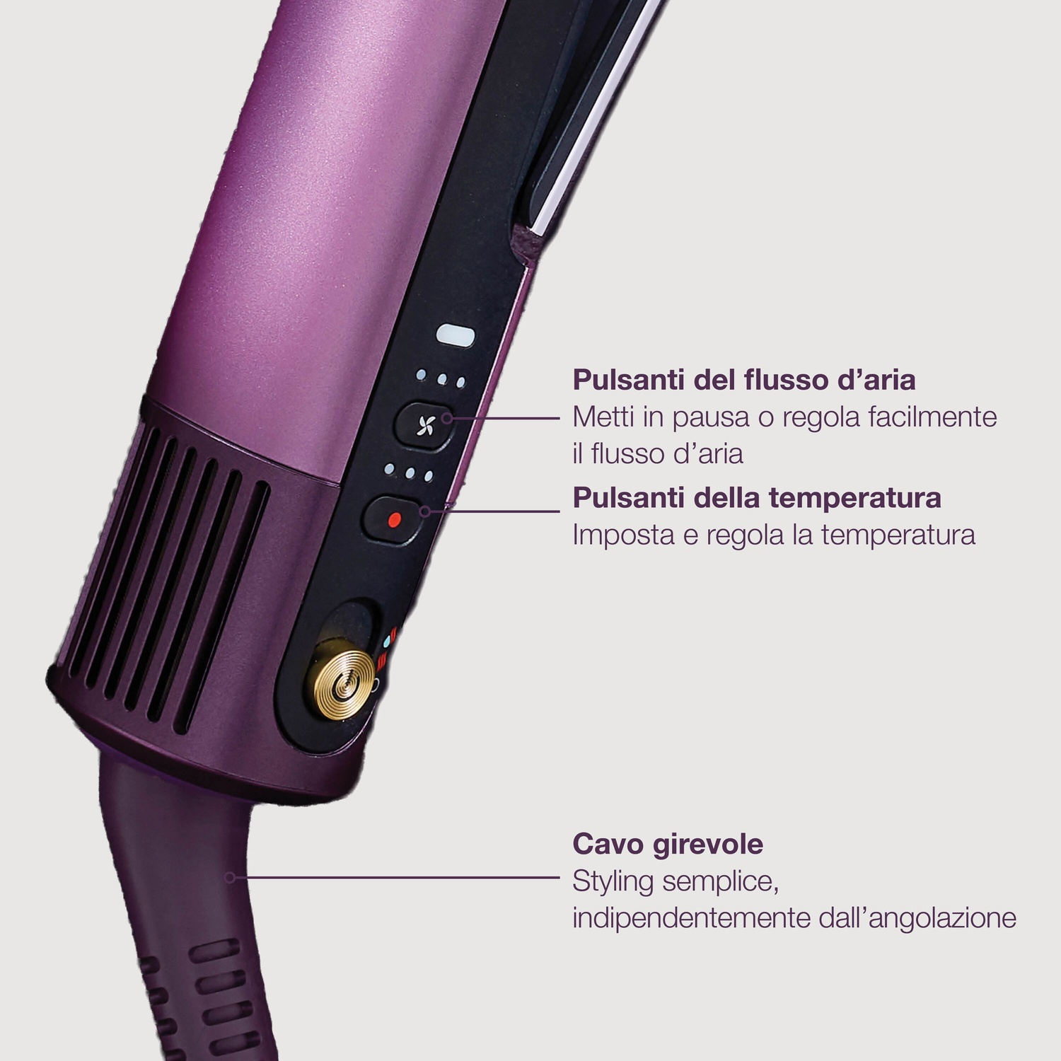 Styling per capelli viola con pulsanti per flusso d'aria e temperatura e cavo girevole.