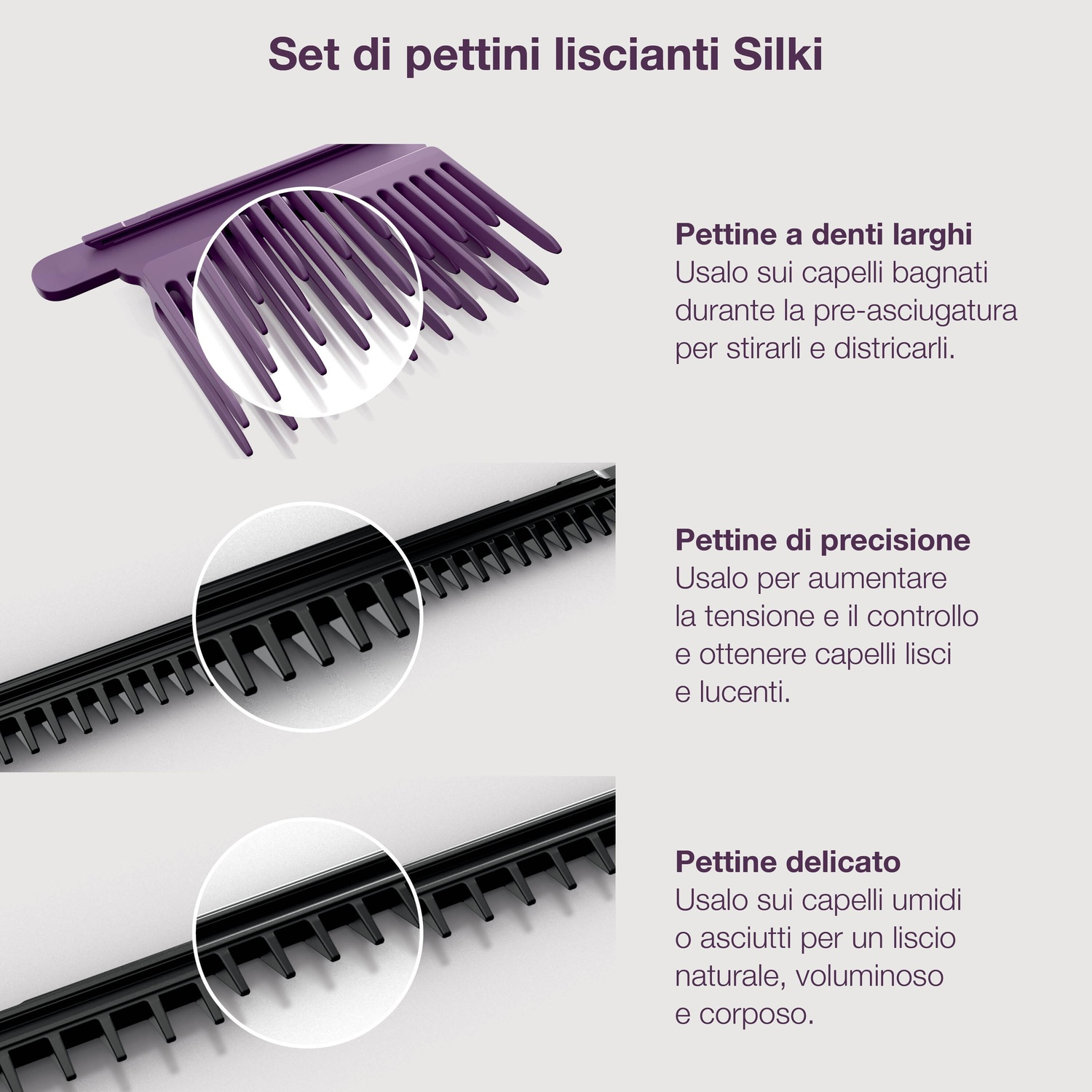 Tre diversi pettini per lo styling dei capelli con descrizioni in italiano del loro utilizzo.