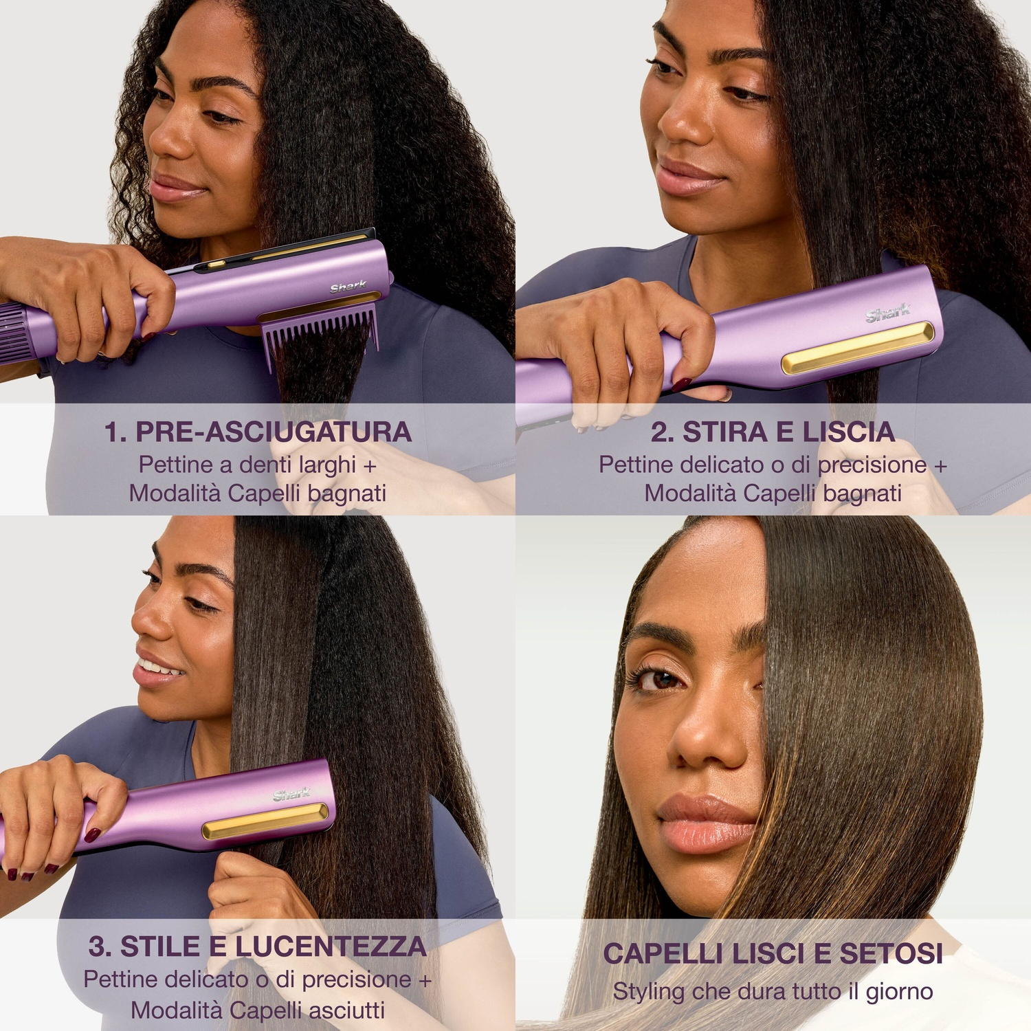 Quattro riquadri mostrano una donna che usa uno styler per capelli viola per lisciare la sua chioma.