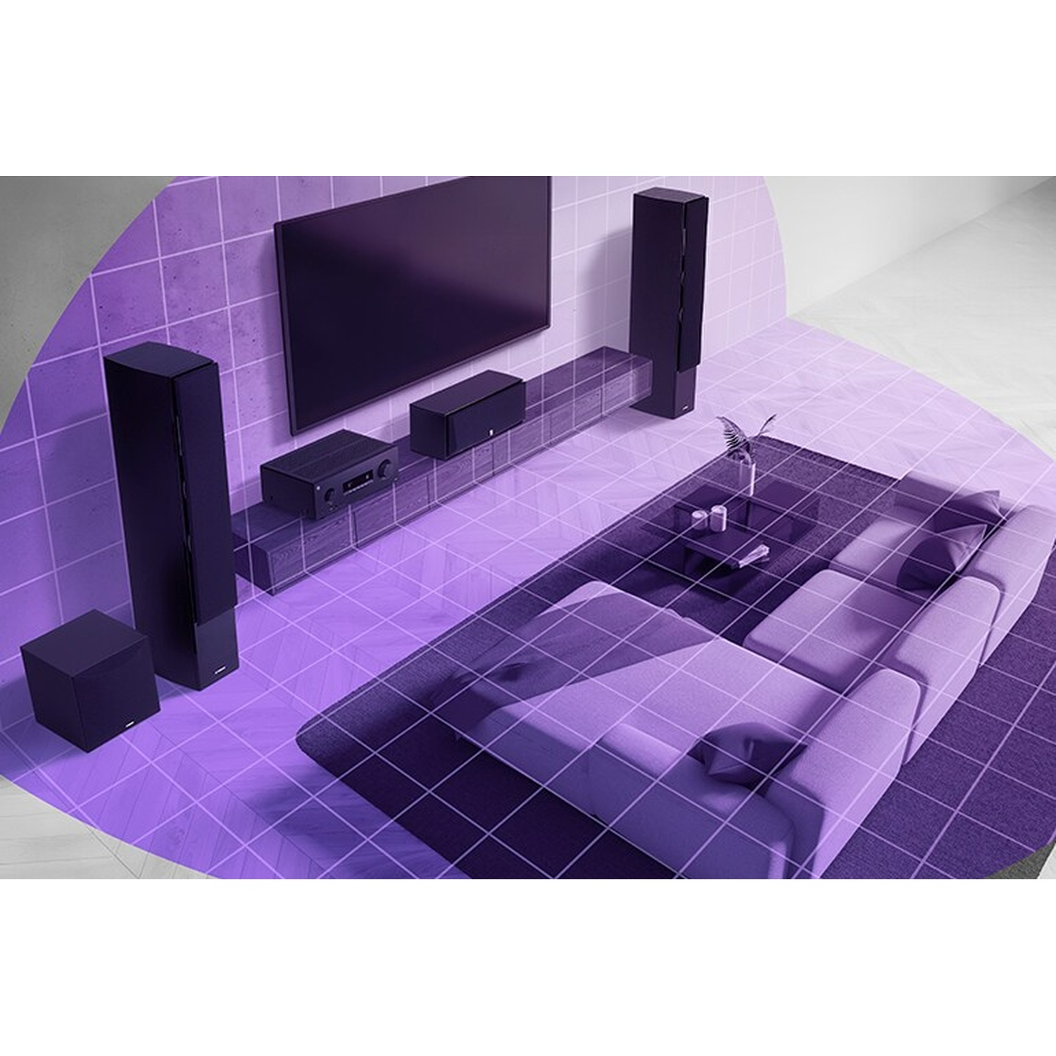 Soggiorno con sistema home theater, grande divano, TV e altoparlanti, sovrapposto da una griglia viola.