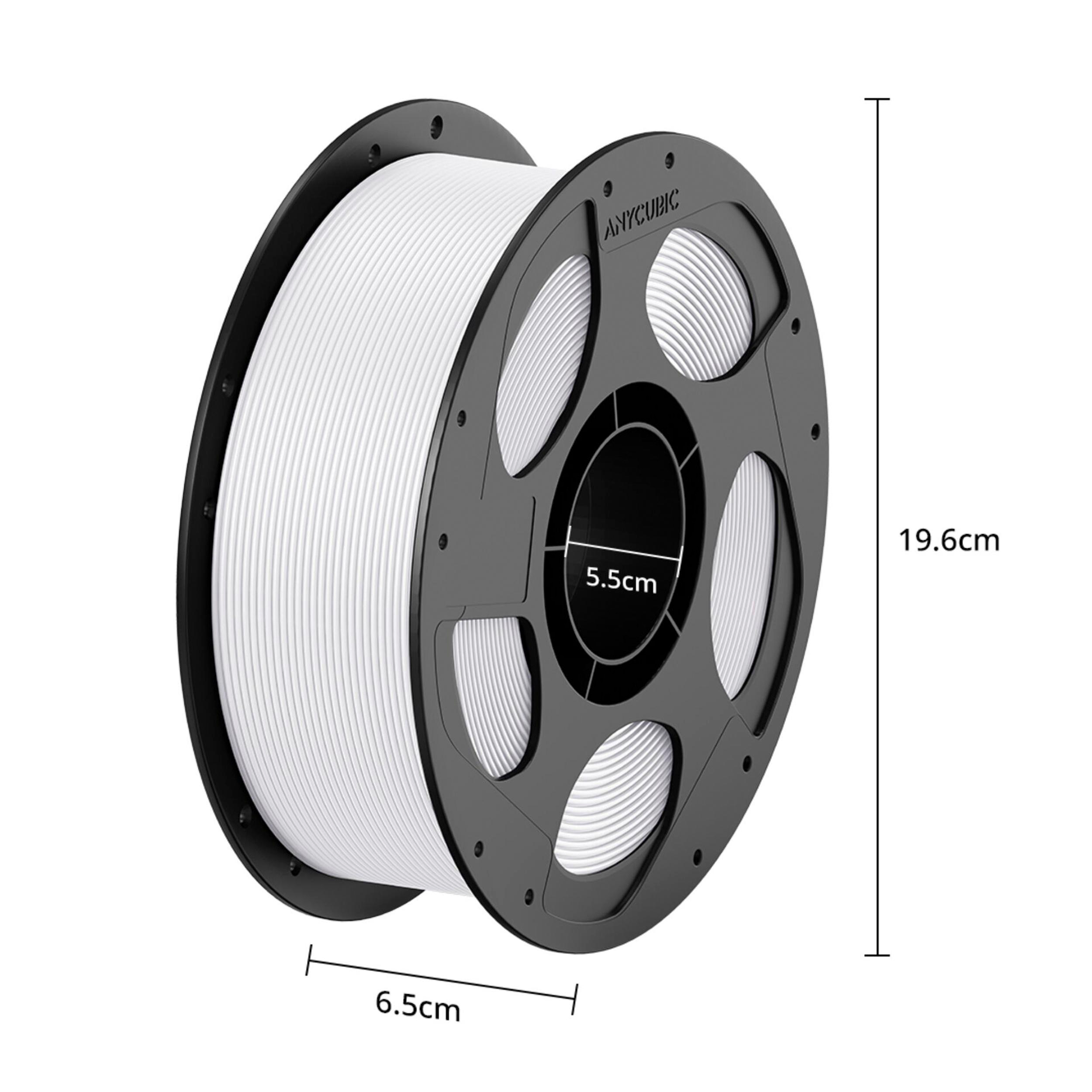 Eine schwarze 3D-Drucker-Filamentrolle mit weißem Filament, Maße: 19,6 cm Höhe, 6,5 cm Breite und 5,5 cm Loch.