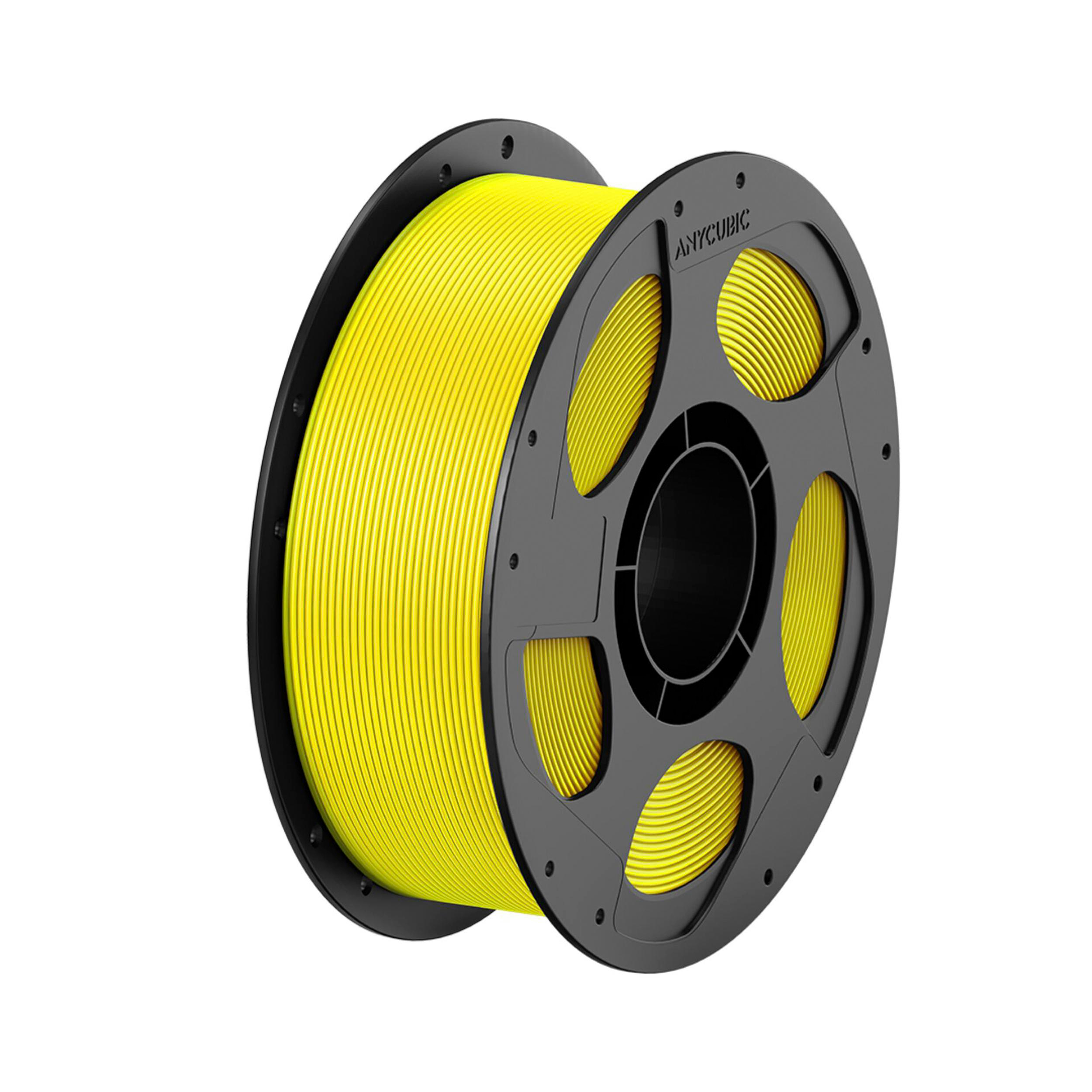 Eine schwarze Spule gefüllt mit leuchtend gelbem 3D-Drucker-Filament vor weißem Hintergrund.
