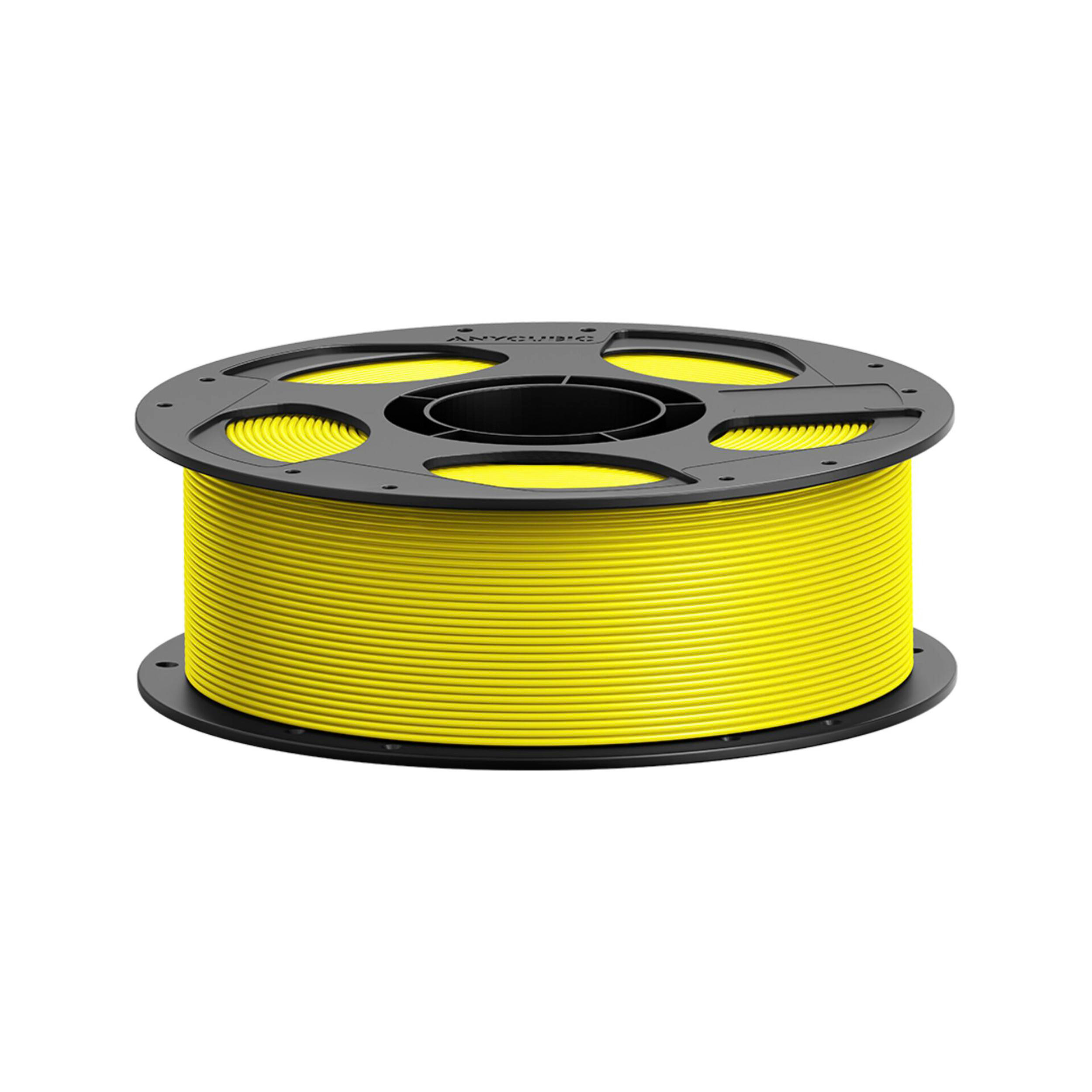 Eine schwarze Spule gefüllt mit leuchtend gelbem 3D-Druck-Filament vor weißem Hintergrund.