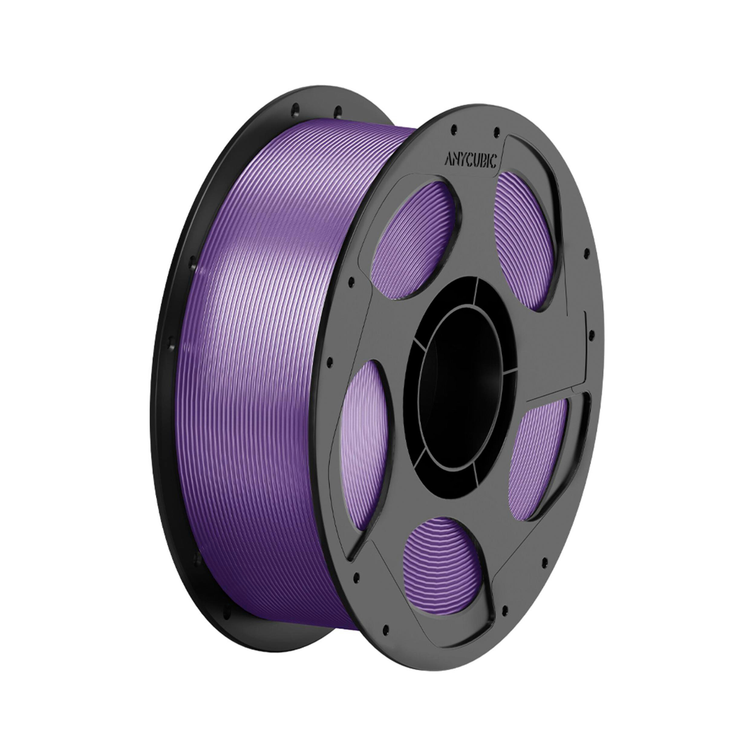 Eine Spule aus schwarzem Kunststoff ist dicht mit lila 3D-Druckerfilament gefüllt vor weißem Hintergrund.