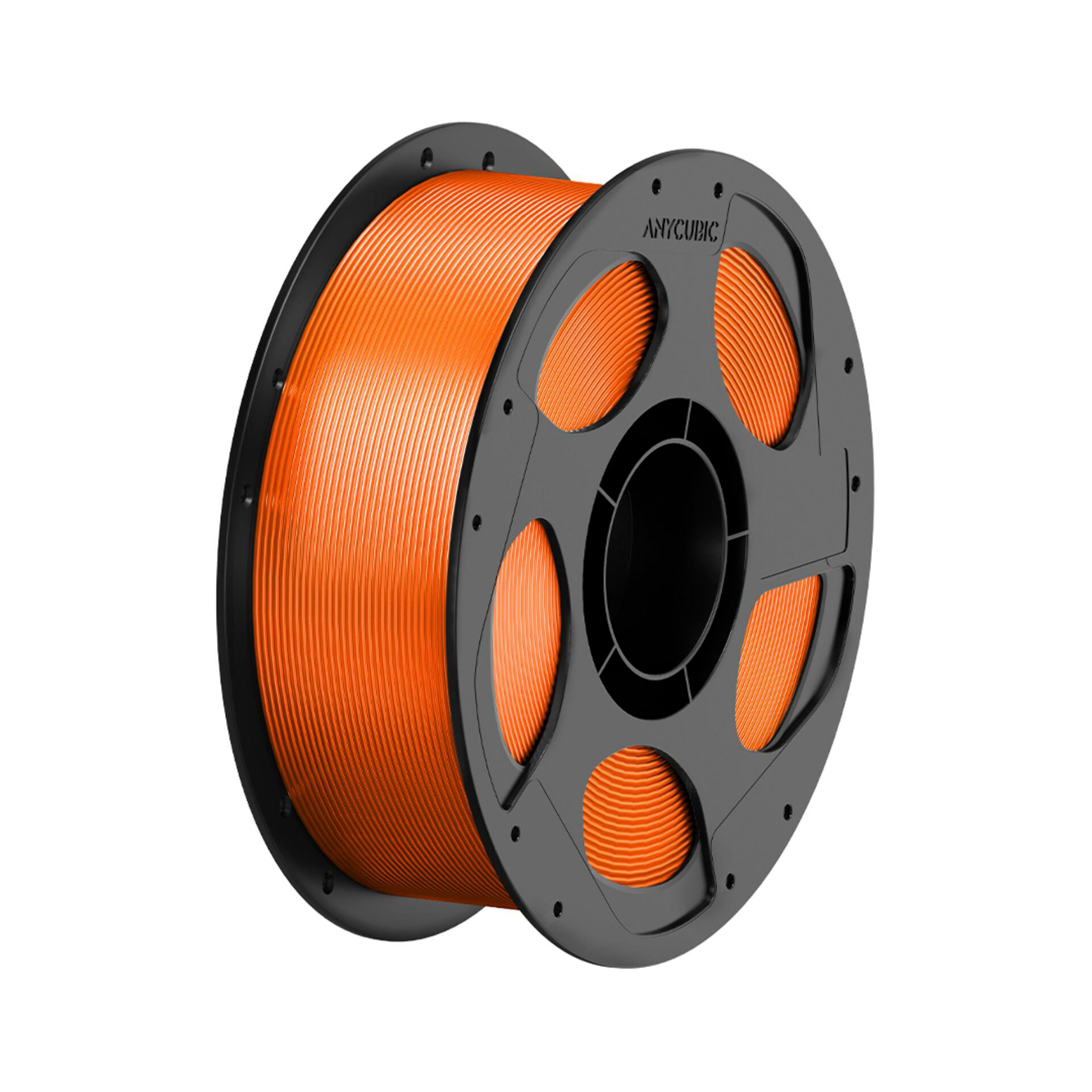 Eine Anycubic 3D-Drucker-Filamentrolle gefüllt mit hellorangem Kunststofffilament vor weißem Hintergrund.