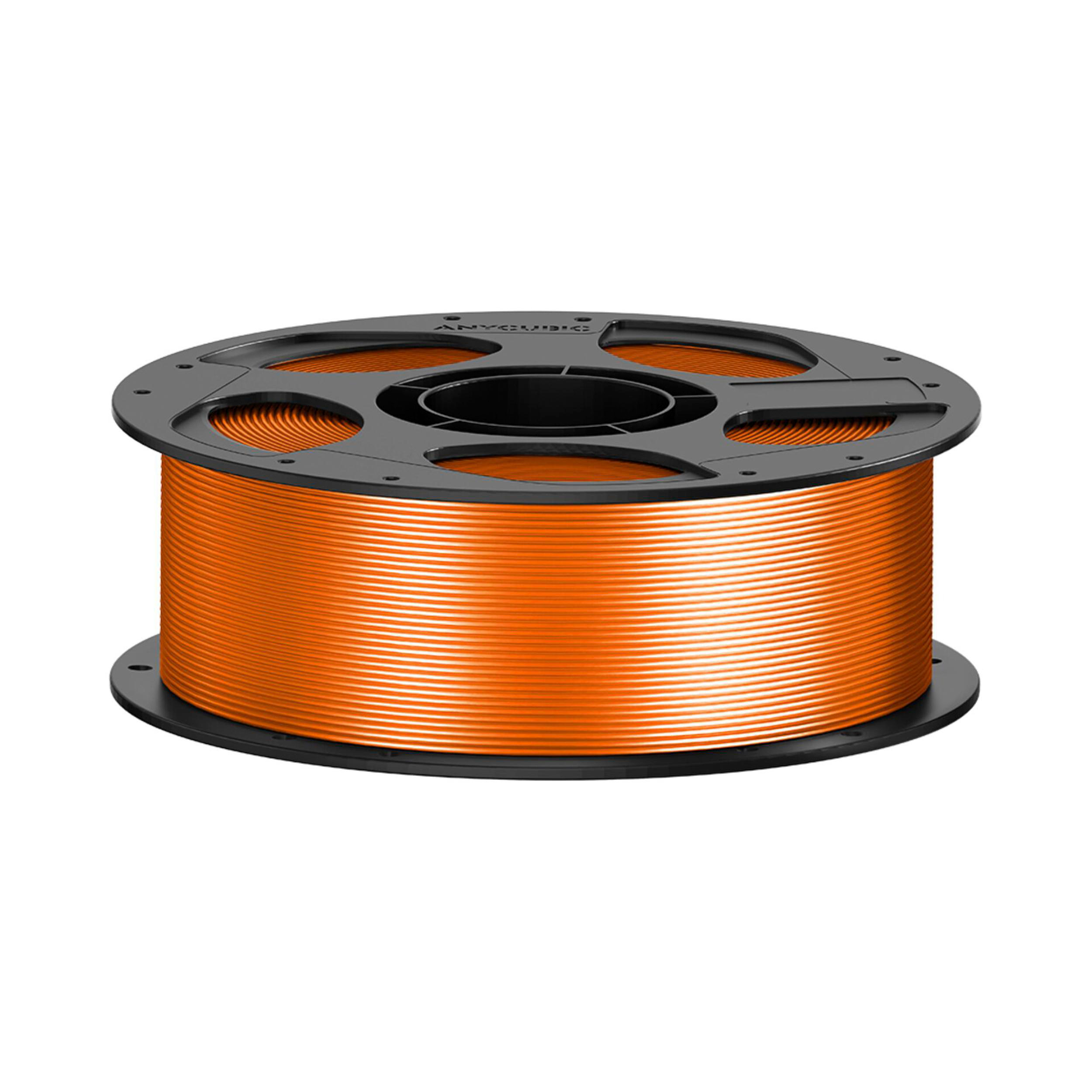 Eine schwarze Spule mit leuchtend orangefarbenem 3D-Druckerfilament auf weißem Hintergrund.