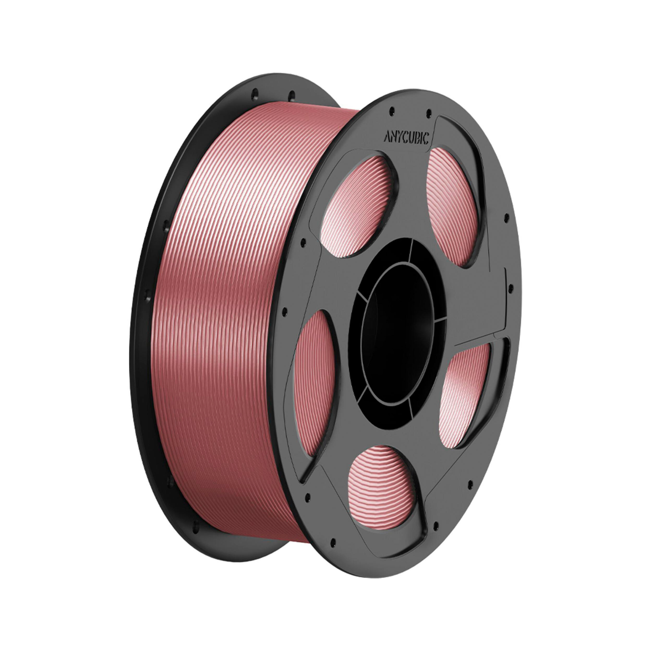 Eine schwarze Spule gefüllt mit rosa 3D-Drucker-Filament auf weißem Hintergrund.