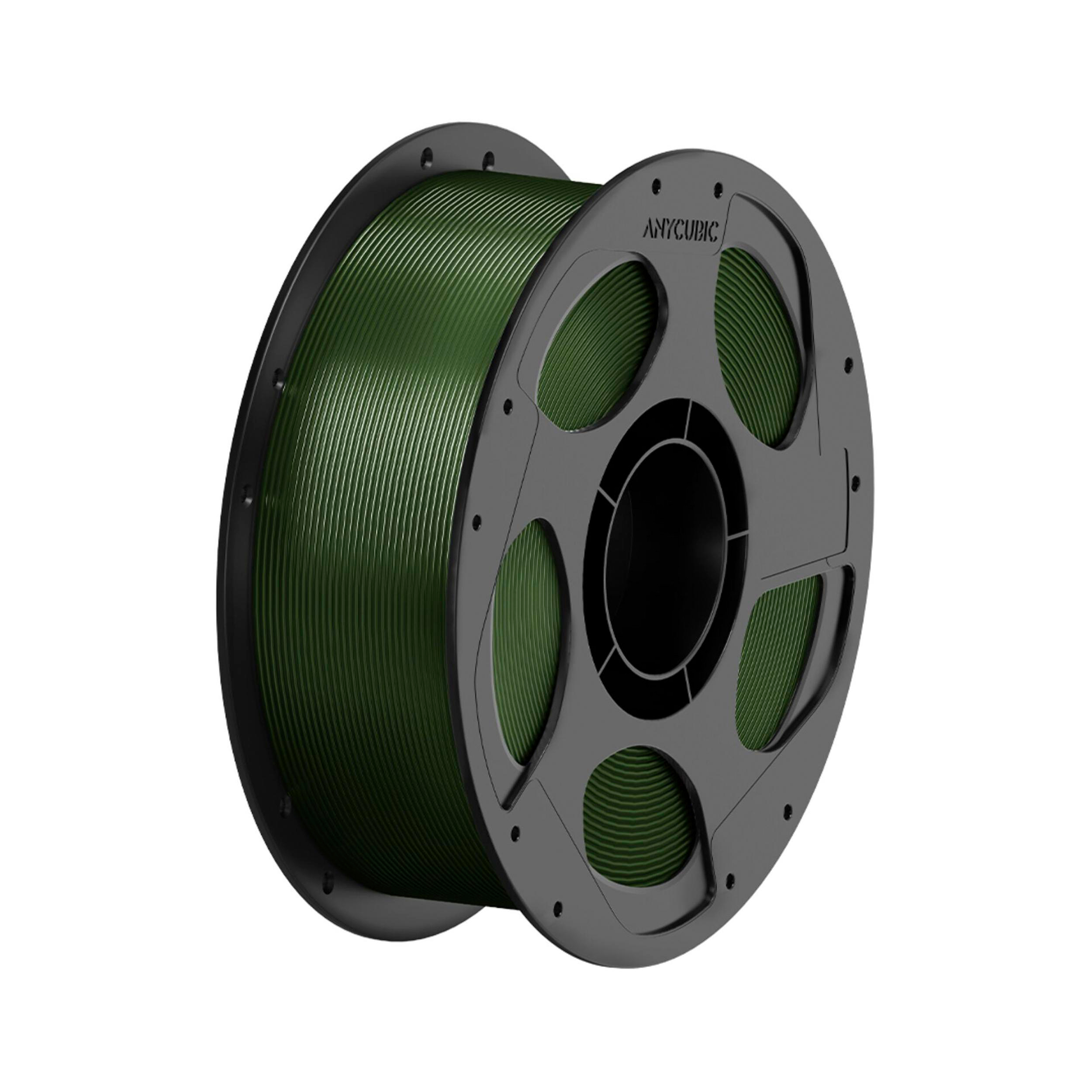Eine schwarze Spule mit grünem 3D-Drucker-Filament auf weißem Hintergrund.