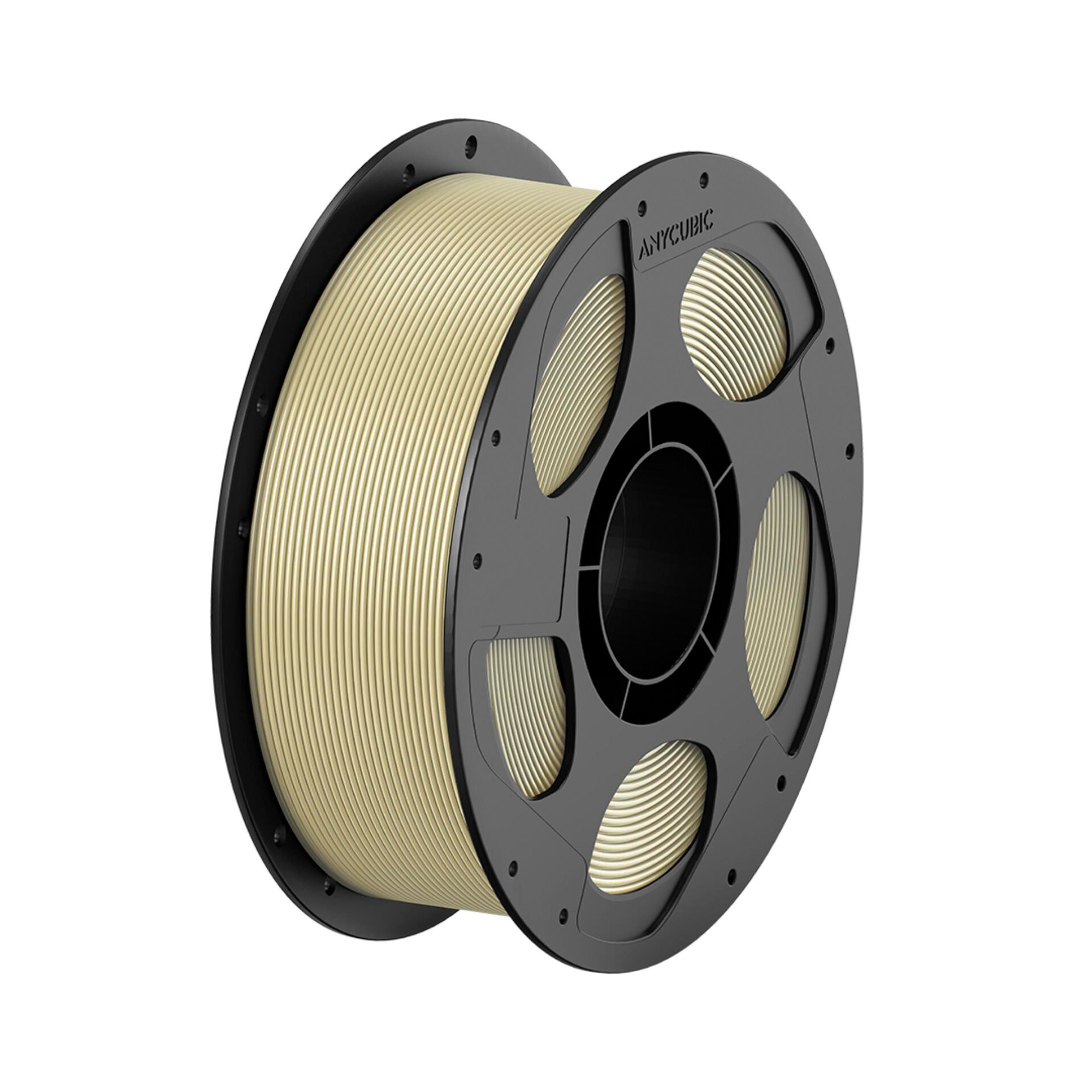 Eine schwarze Spule gefüllt mit beigem 3D-Drucker-Filament vor weißem Hintergrund.