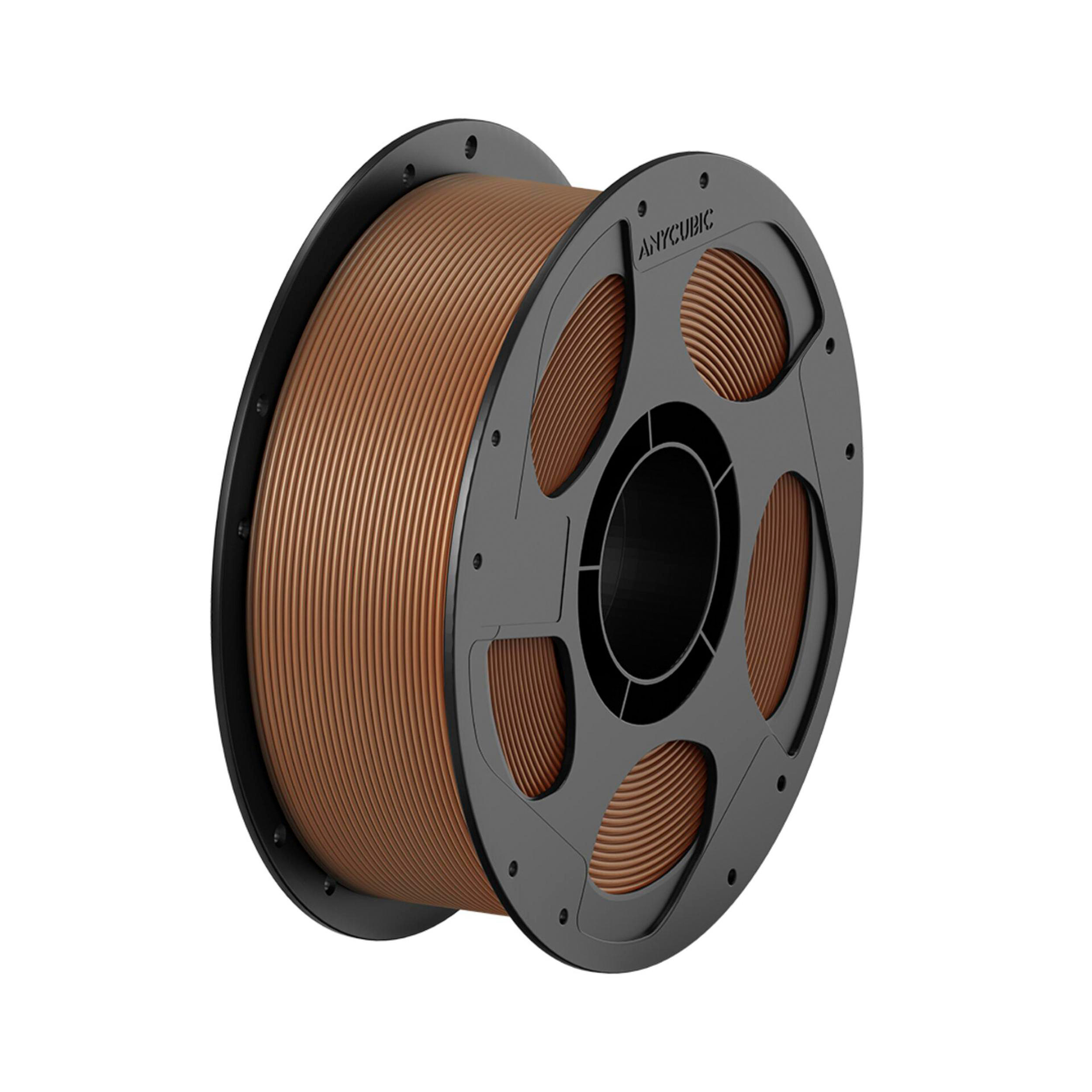 Eine schwarze Spule Anycubic 3D-Drucker-Filament in Braun, isoliert auf weißem Hintergrund.
