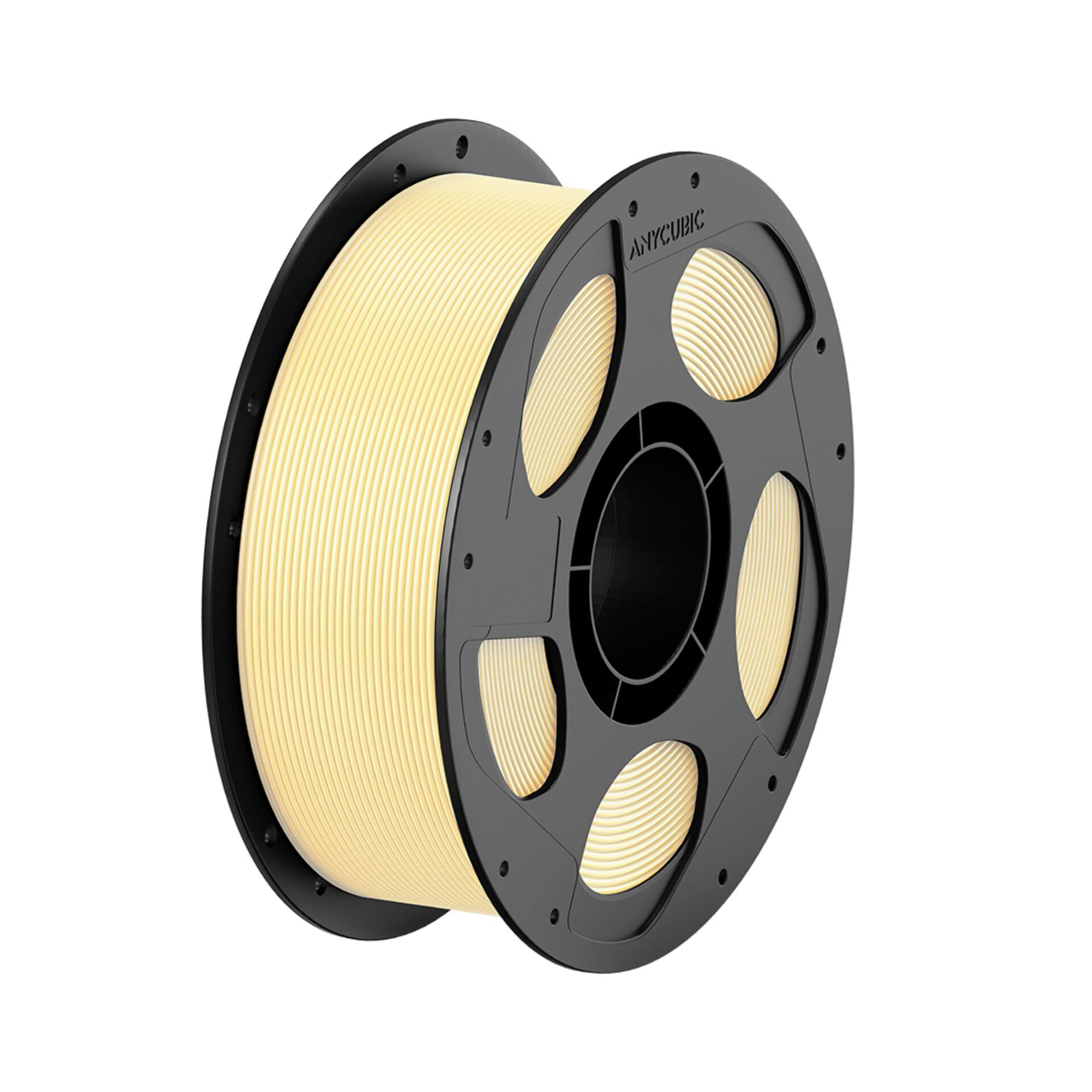 Eine Spule beiges 3D-Drucker-Filament auf einer schwarzen Anycubic-Rolle vor weißem Hintergrund.