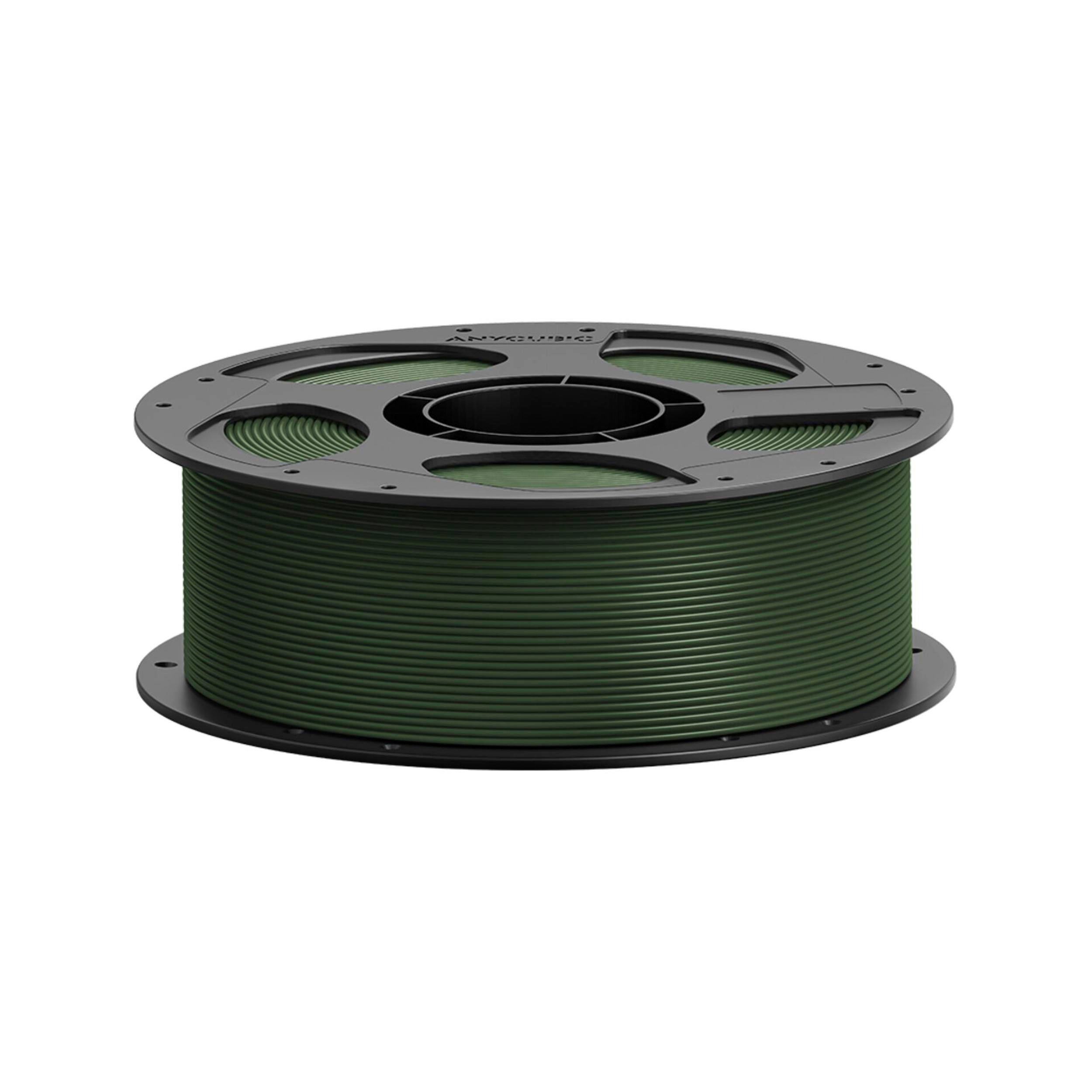 Eine schwarze Spule gefüllt mit dunkelgrünem 3D-Druckerfilament auf weißem Hintergrund.