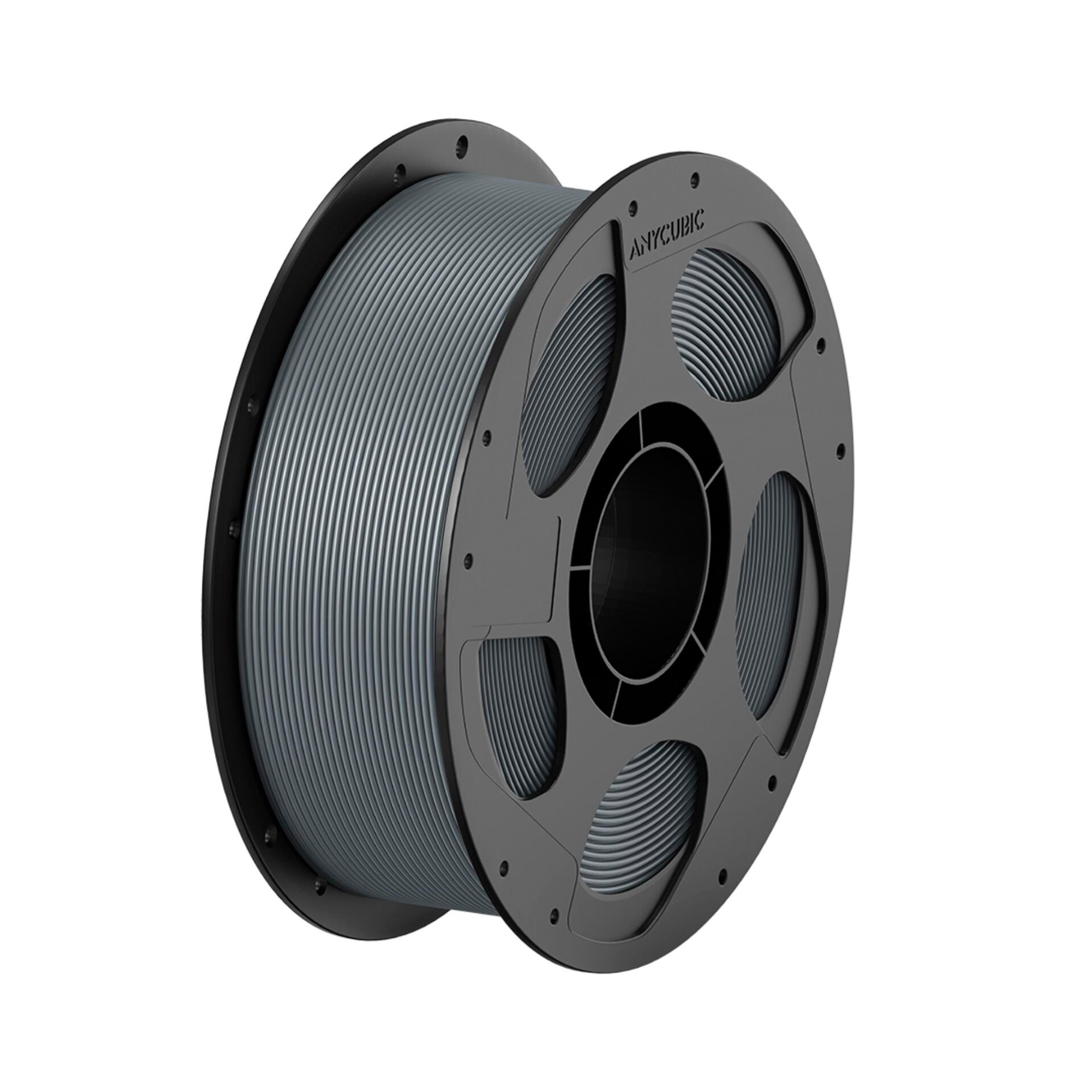Eine schwarze Spule mit grauem 3D-Drucker-Filament auf weißem Hintergrund.